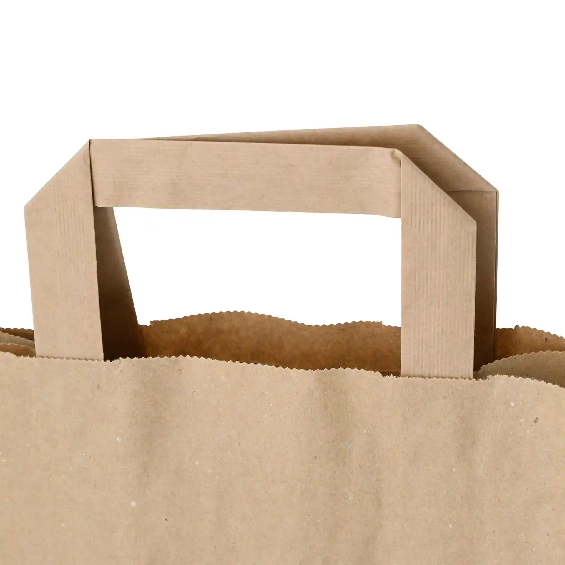 Brown recycling paper carrier bag with a rectangular handle and scalloped top edge.