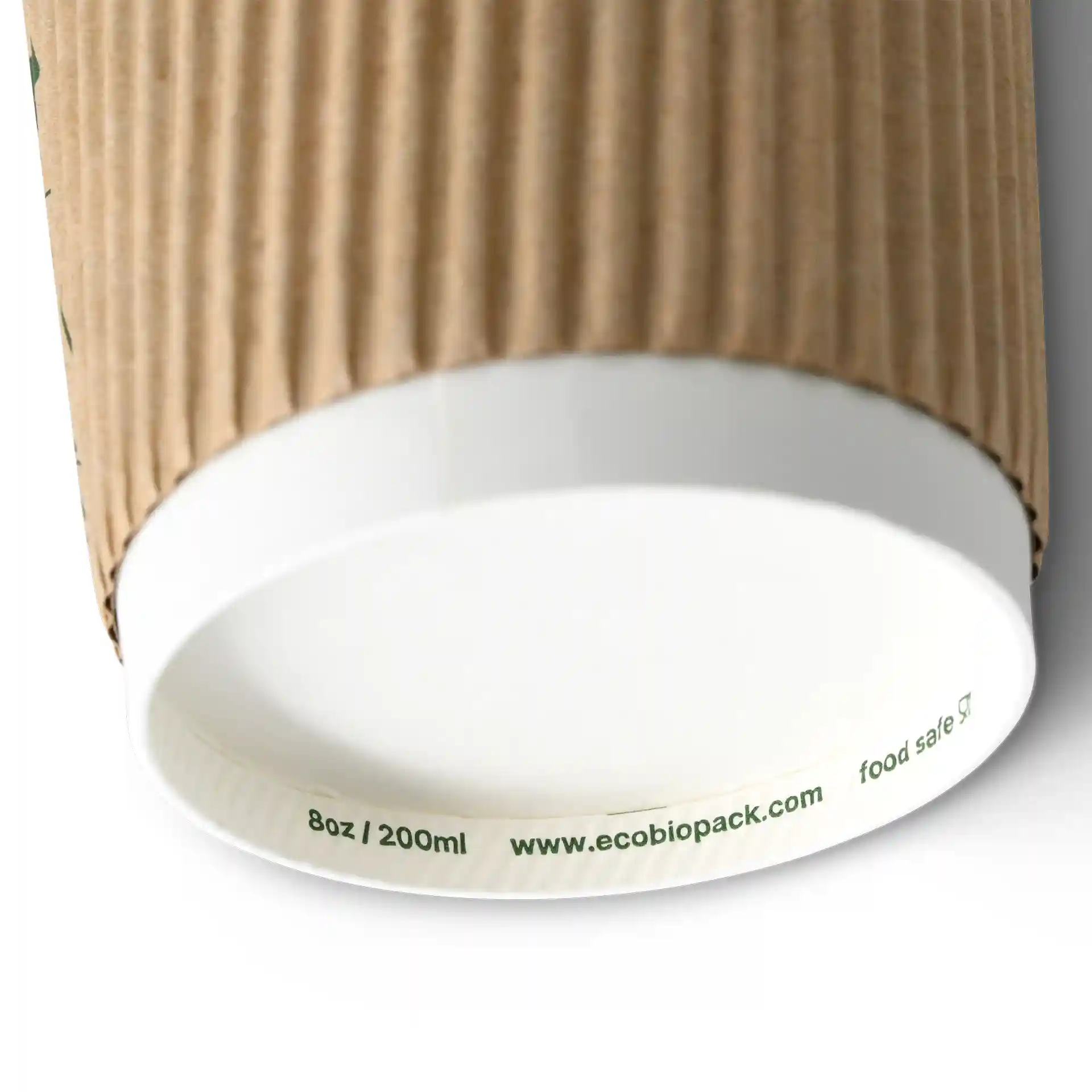 Ribbed brown paper cup with a white interior, showing the bottom with a diameter of 80 mm and height of 91 mm.