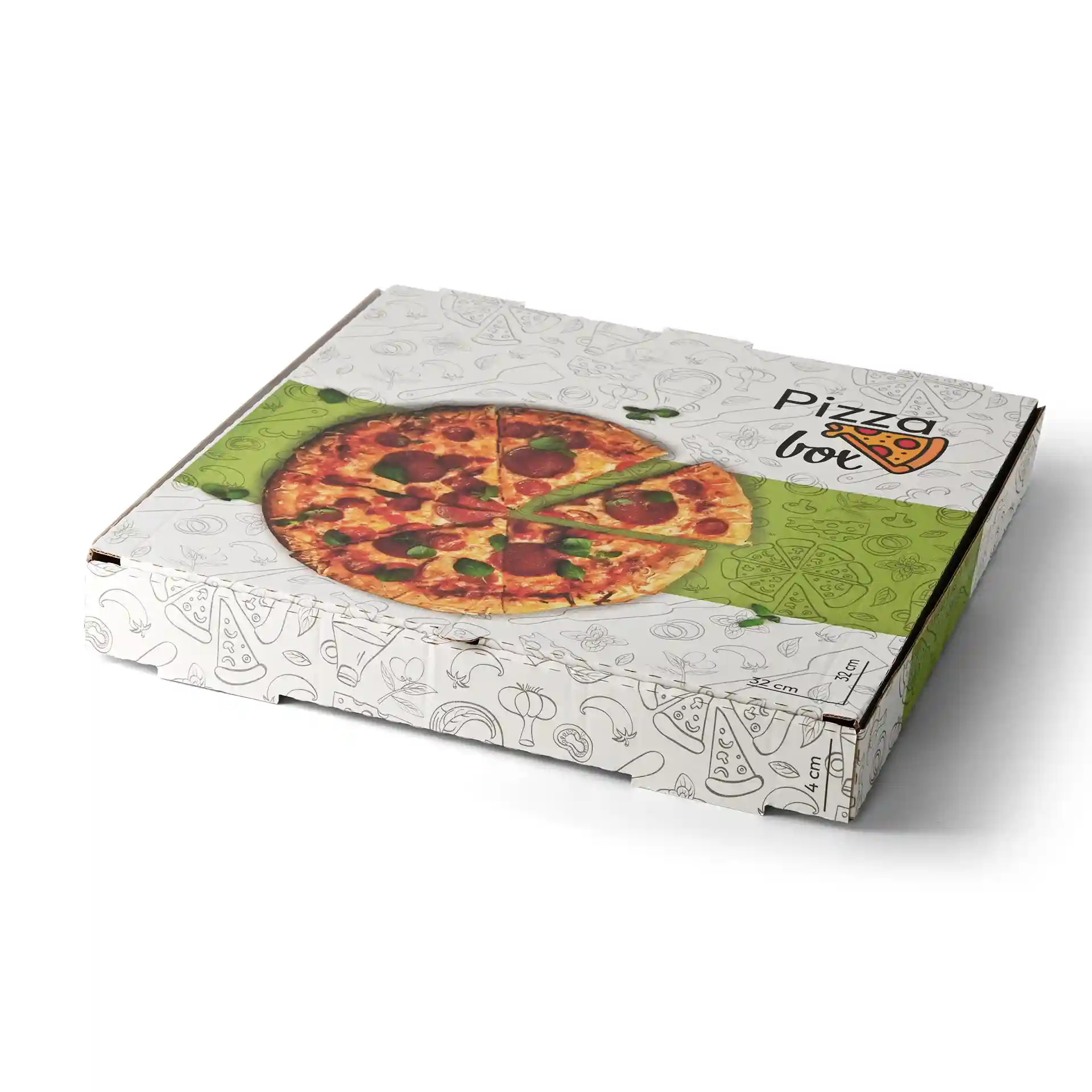 Pizzakarton mit Pizzagrafik oben, Maße 32 x 32 x 4 cm, weißes Design mit Lebensmittelillustrationen.