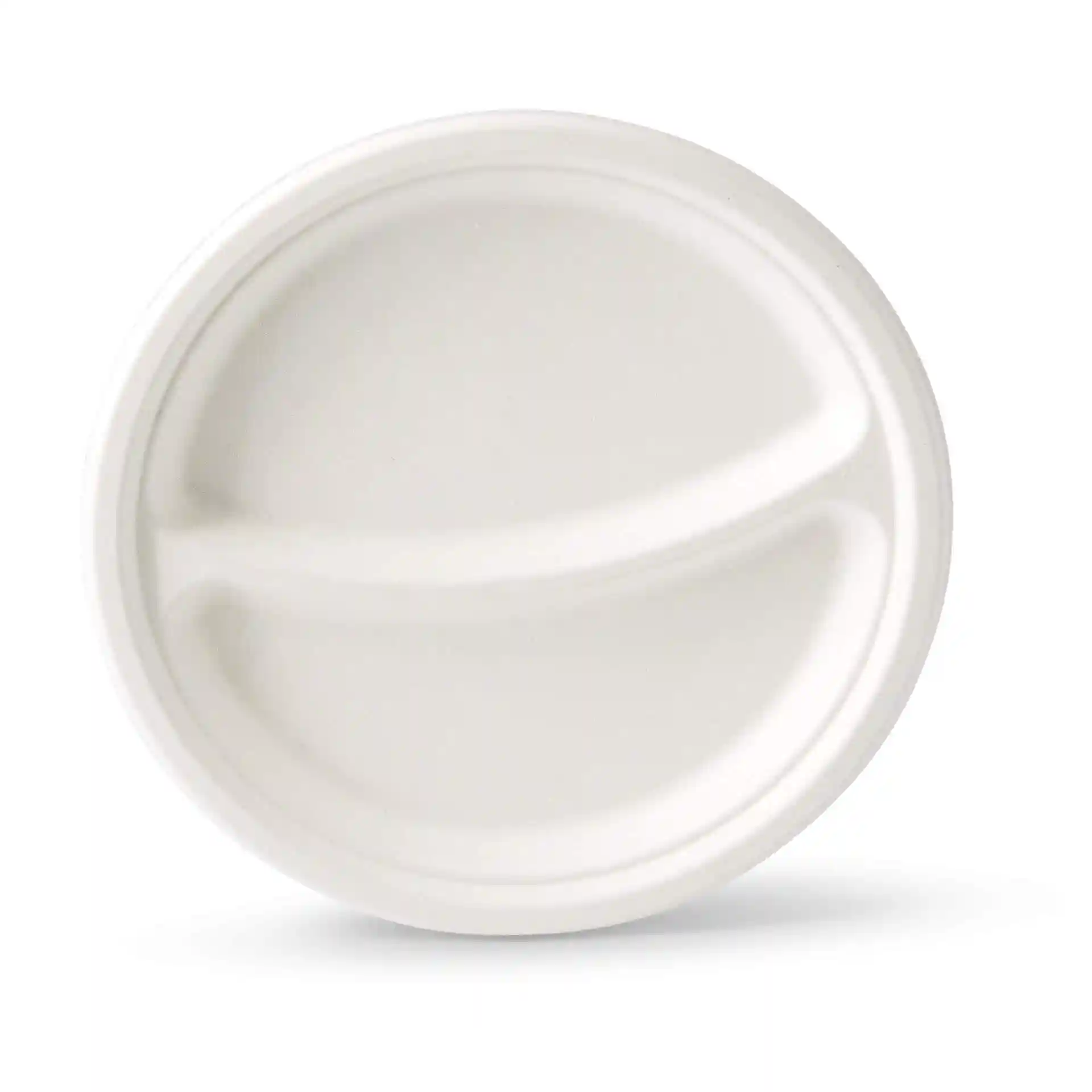 Round white sugarcane menu plate with two compartments, measuring 22 cm in diameter.