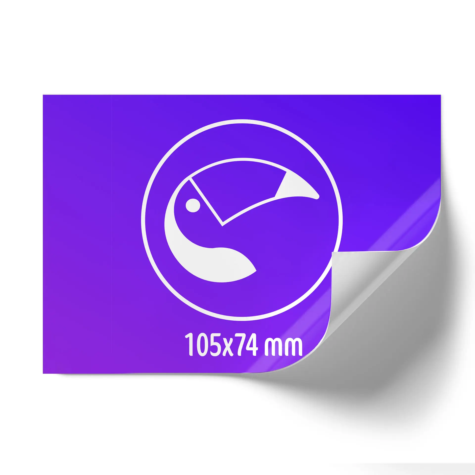 Logo design featuring a white emblem on a purple background with dimensions 105x74 mm.