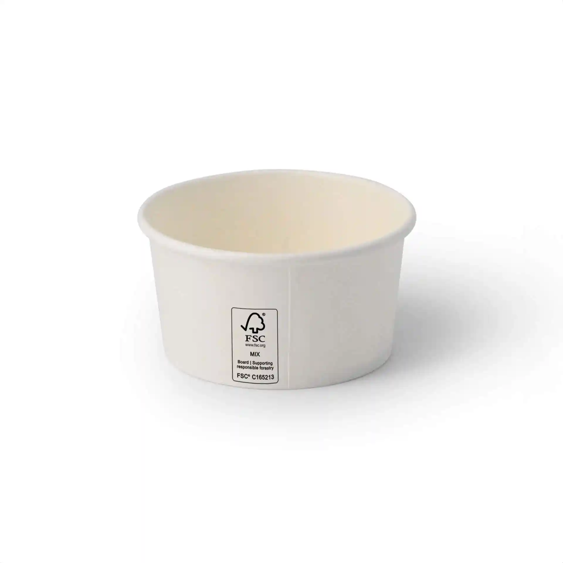 White round paper cup with a diameter of 92 mm and a height of 50 mm, featuring a label with markings.