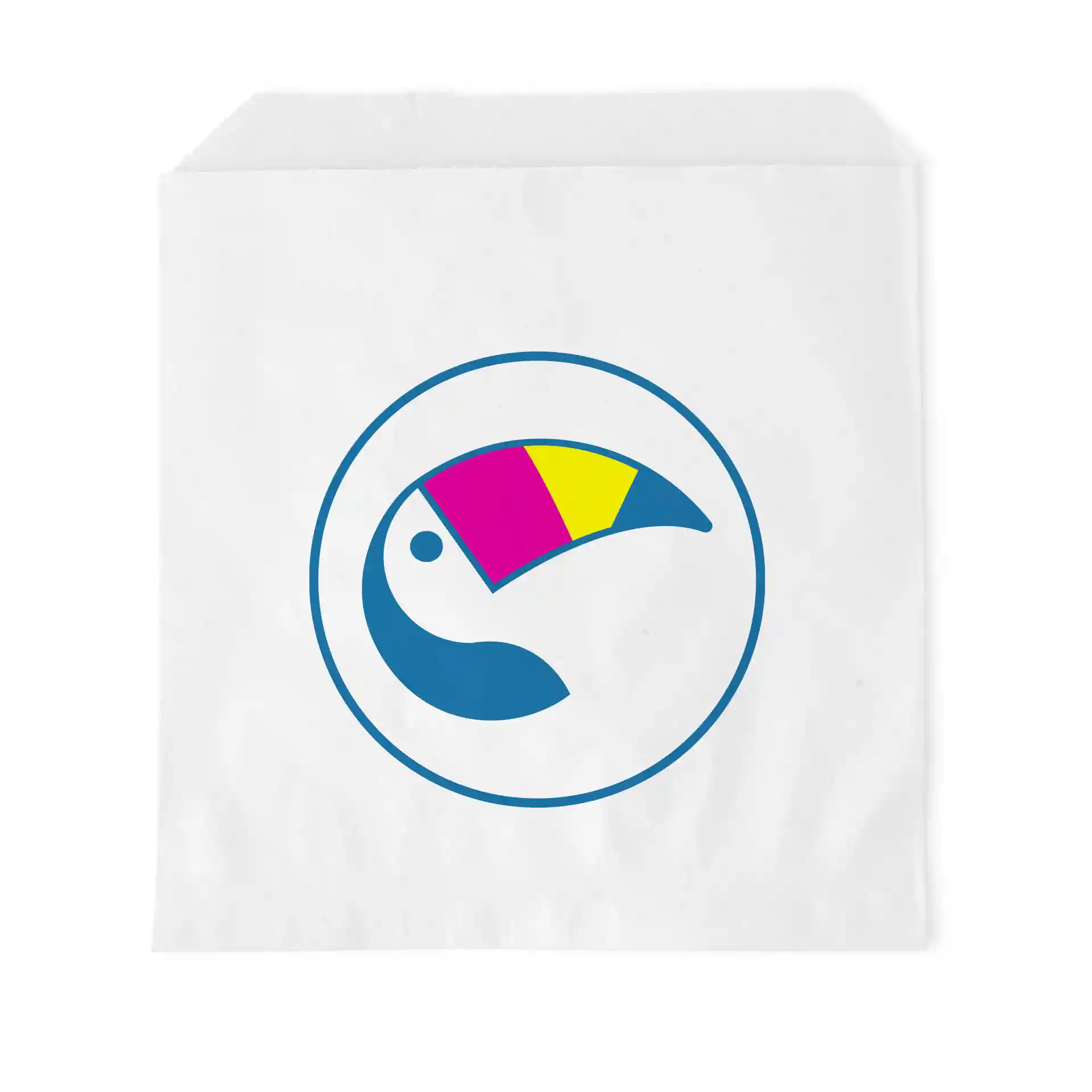 White flat bag with a circular blue logo featuring a stylized toucan in pink, yellow, and blue colors.