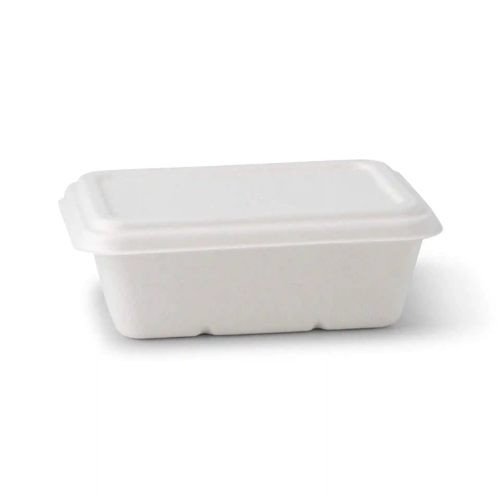 Rectangular white sugarcane container with a lid, measuring 17 x 12 cm and 15 mm in height.