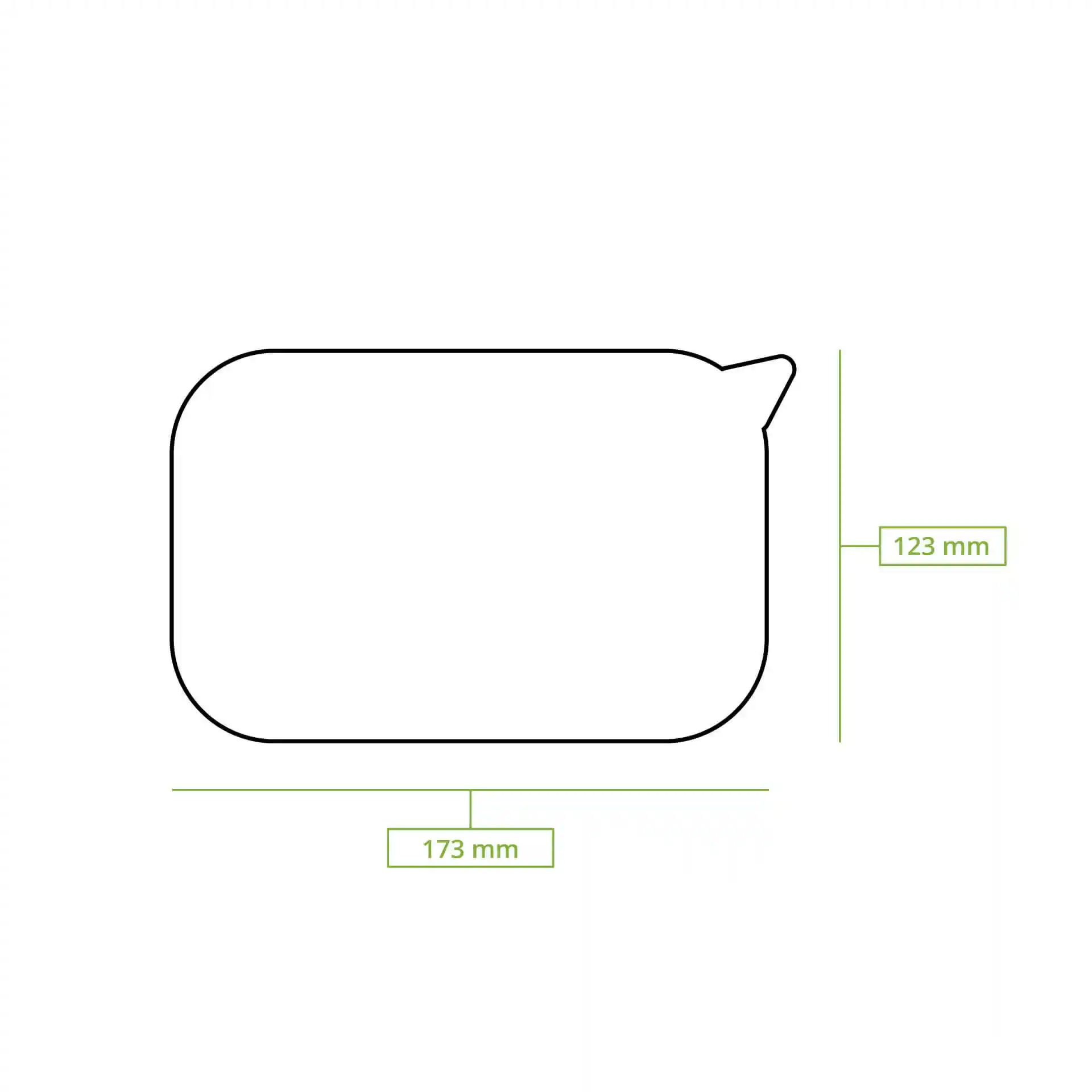 Schematic drawing of a rectangular rPET lid with dimensions 175 mm by 125 mm and a height of 10 mm.