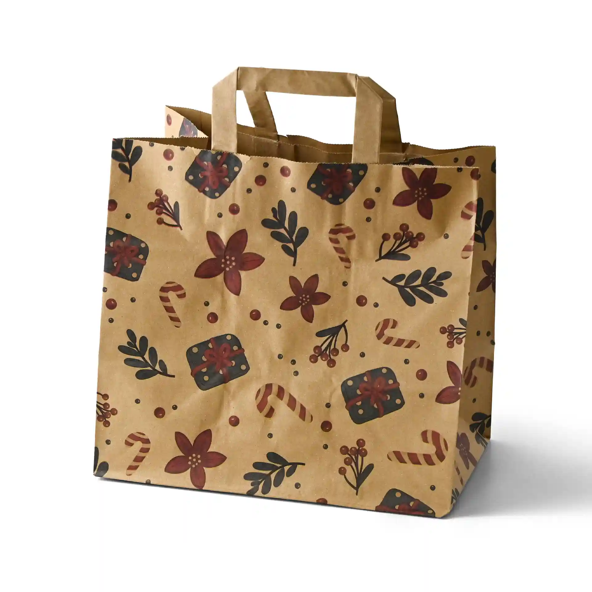 Braune Papiertasche mit Winterdesign, Blumen, Geschenken und Zuckerstangen, Maße 26 x 17 x 25 cm.