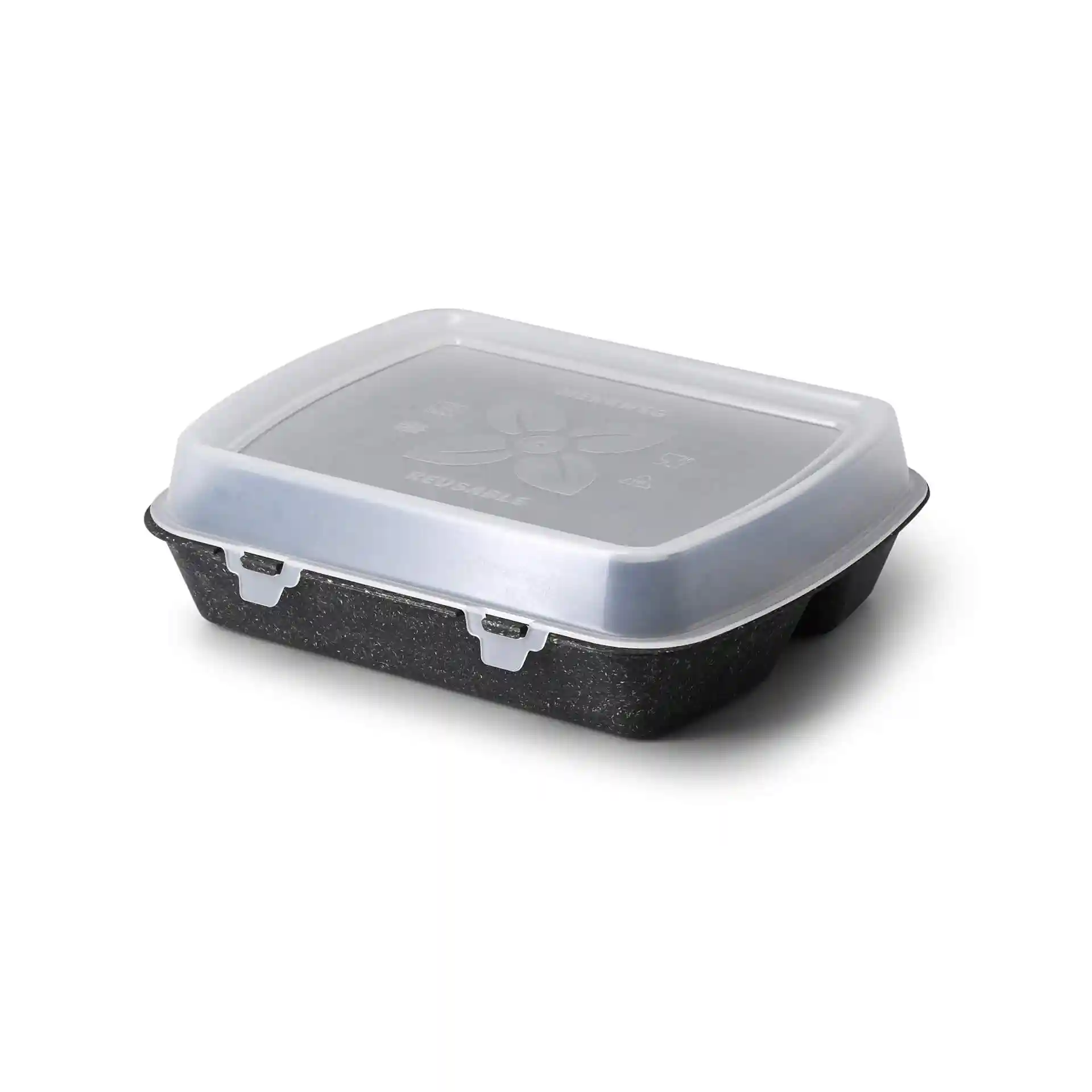 Transparent reusable food container with a lid, measuring 24.5 x 20 x 4.5 cm, made of polypropylene.