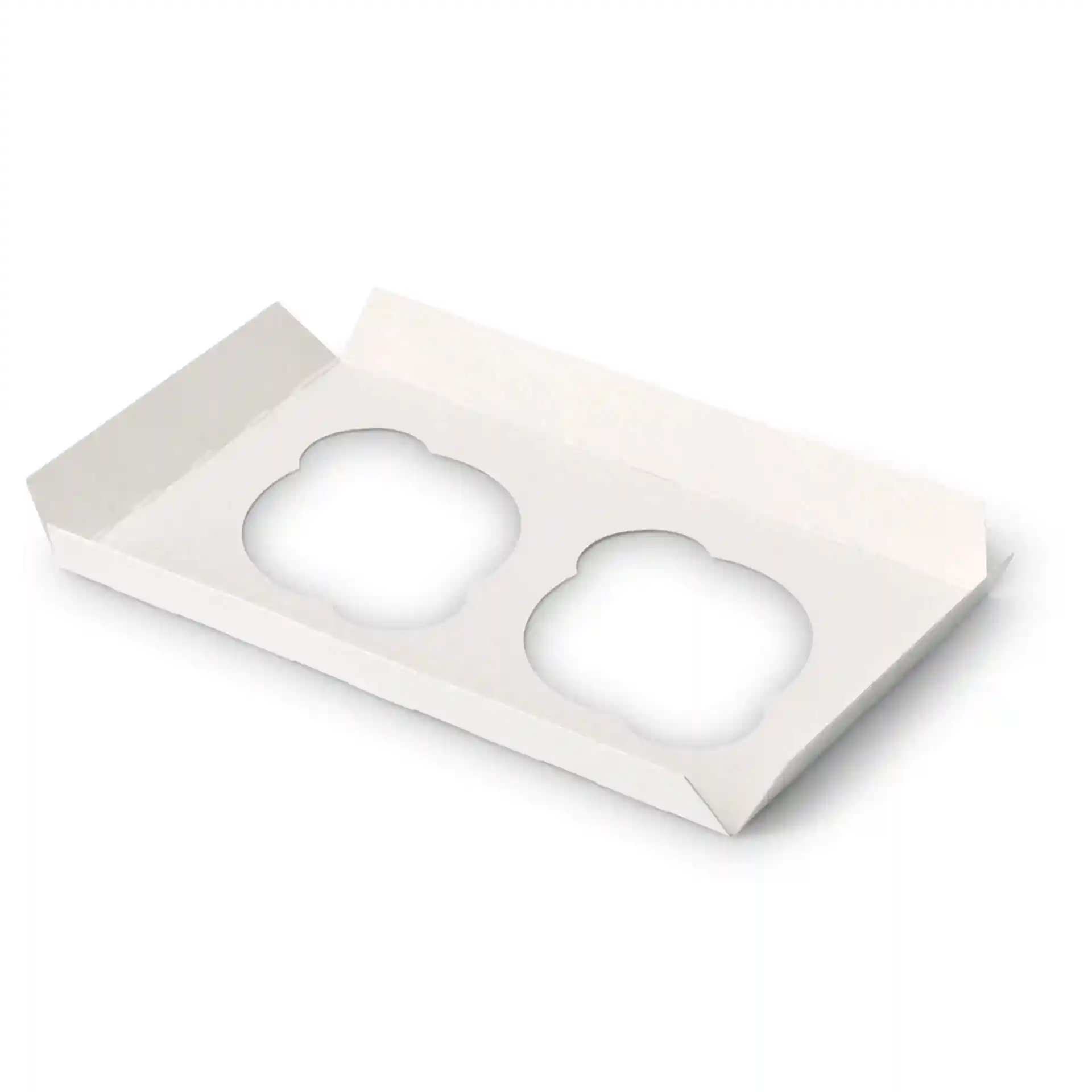 White cardboard box insert for two cupcakes with cut-out shapes, designed for cupcake boxes.