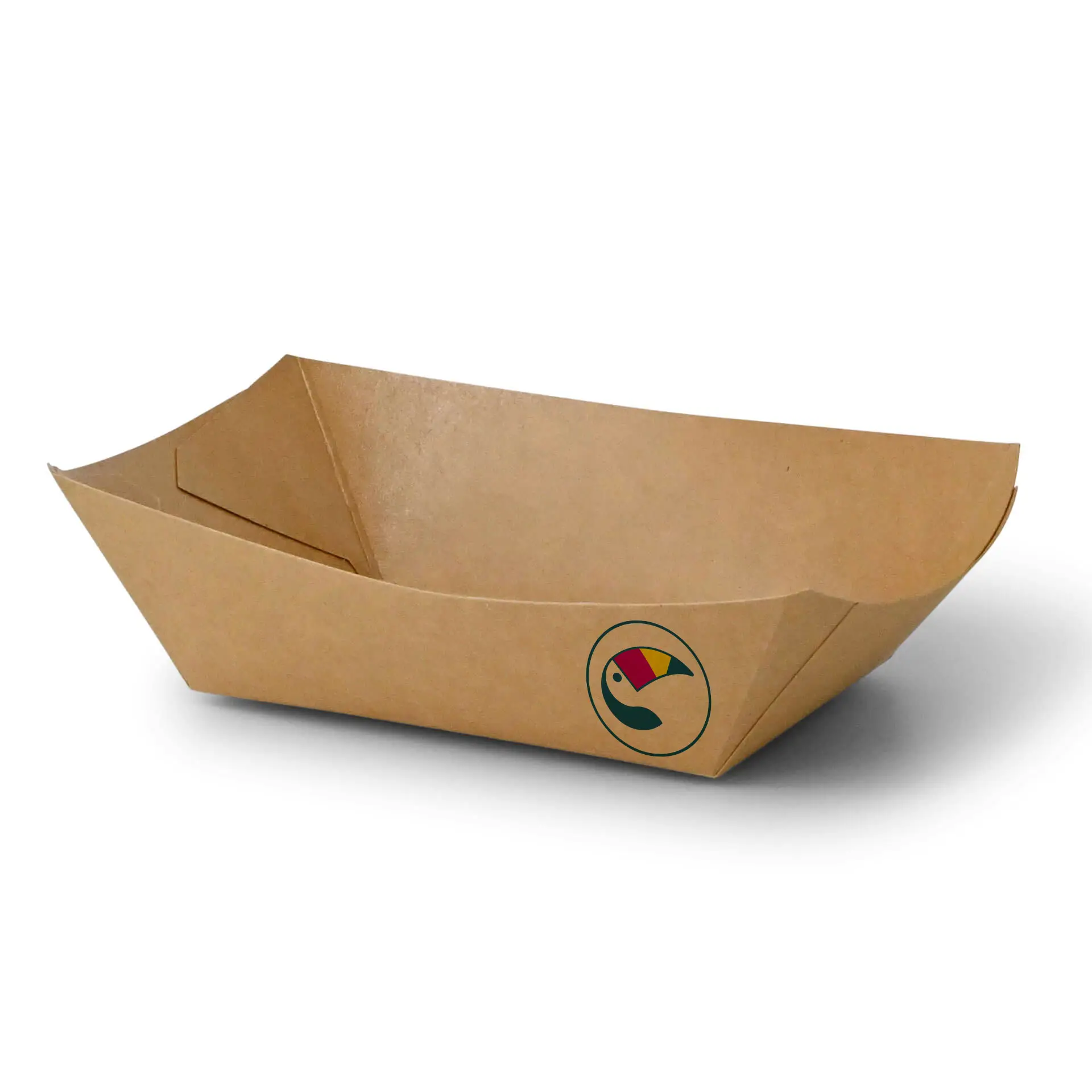 Custom-printed brown snack tray, 400 ml size, designed for hot, cold, and greasy snacks, with a logo on the side.