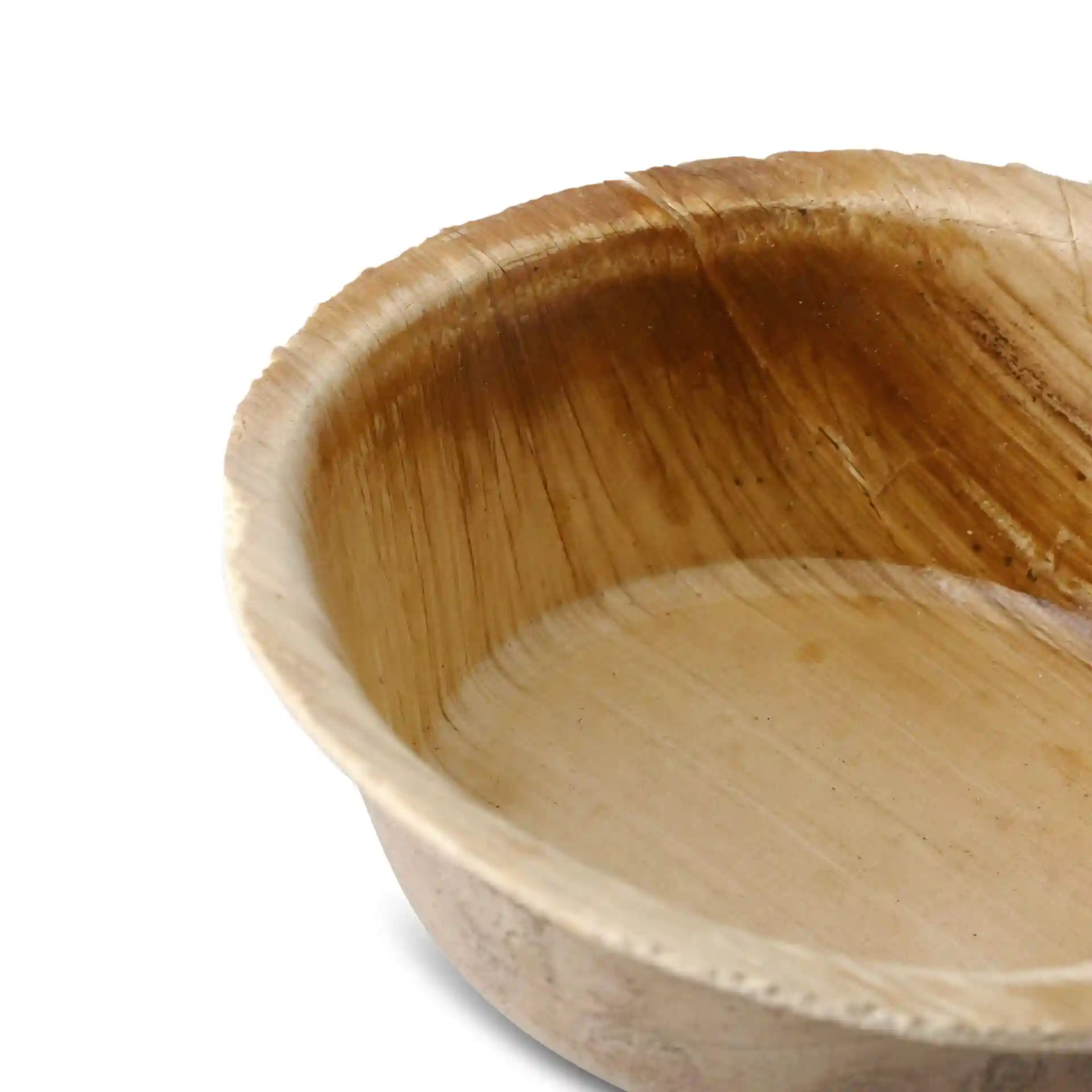 Runde Dip-Schale aus Palmblatt mit einer Holzmaserung, 25 mm hoch und 78 mm Durchmesser.