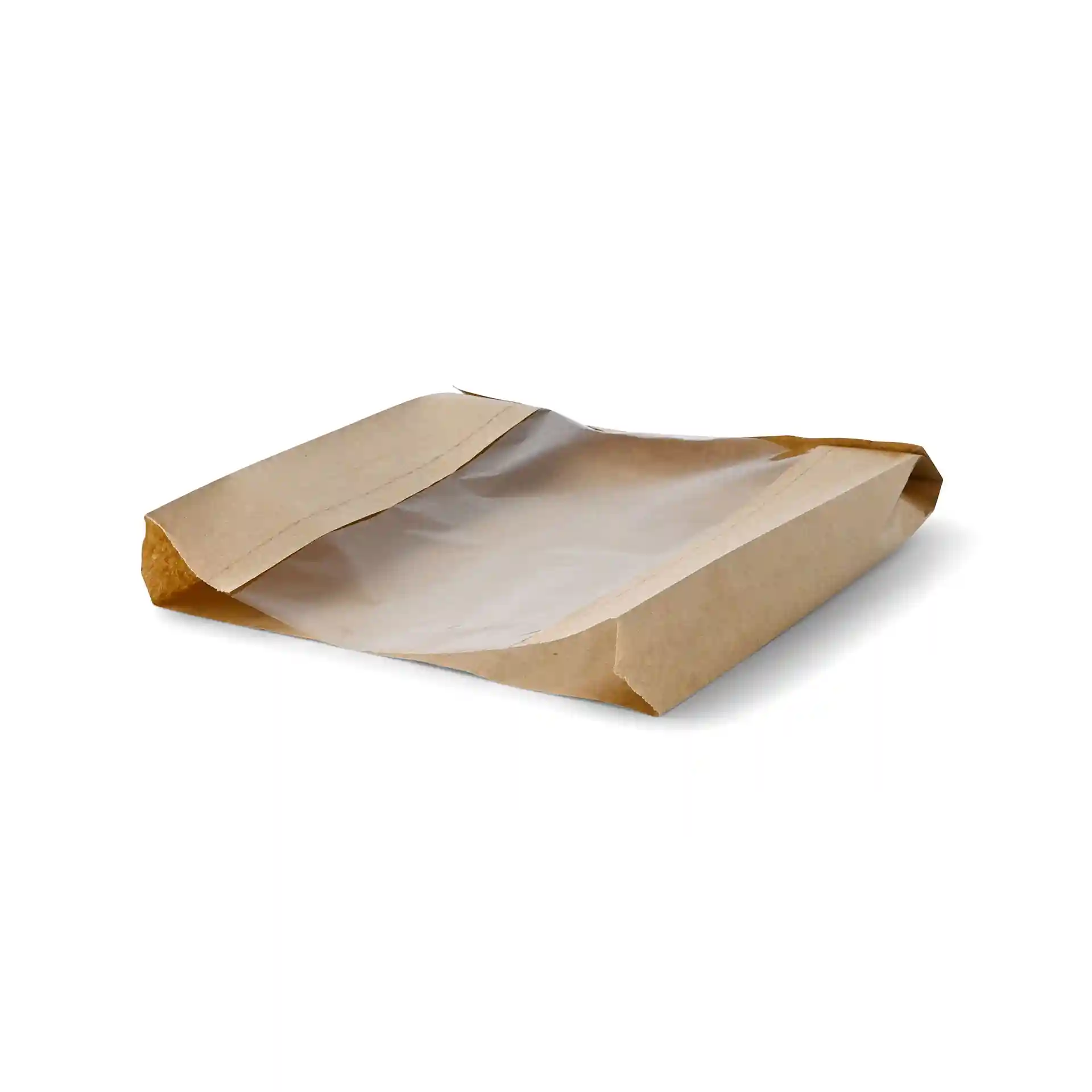 Brown flat paper bread bag with a transparent window, measuring 20 x 5 x 25 cm.