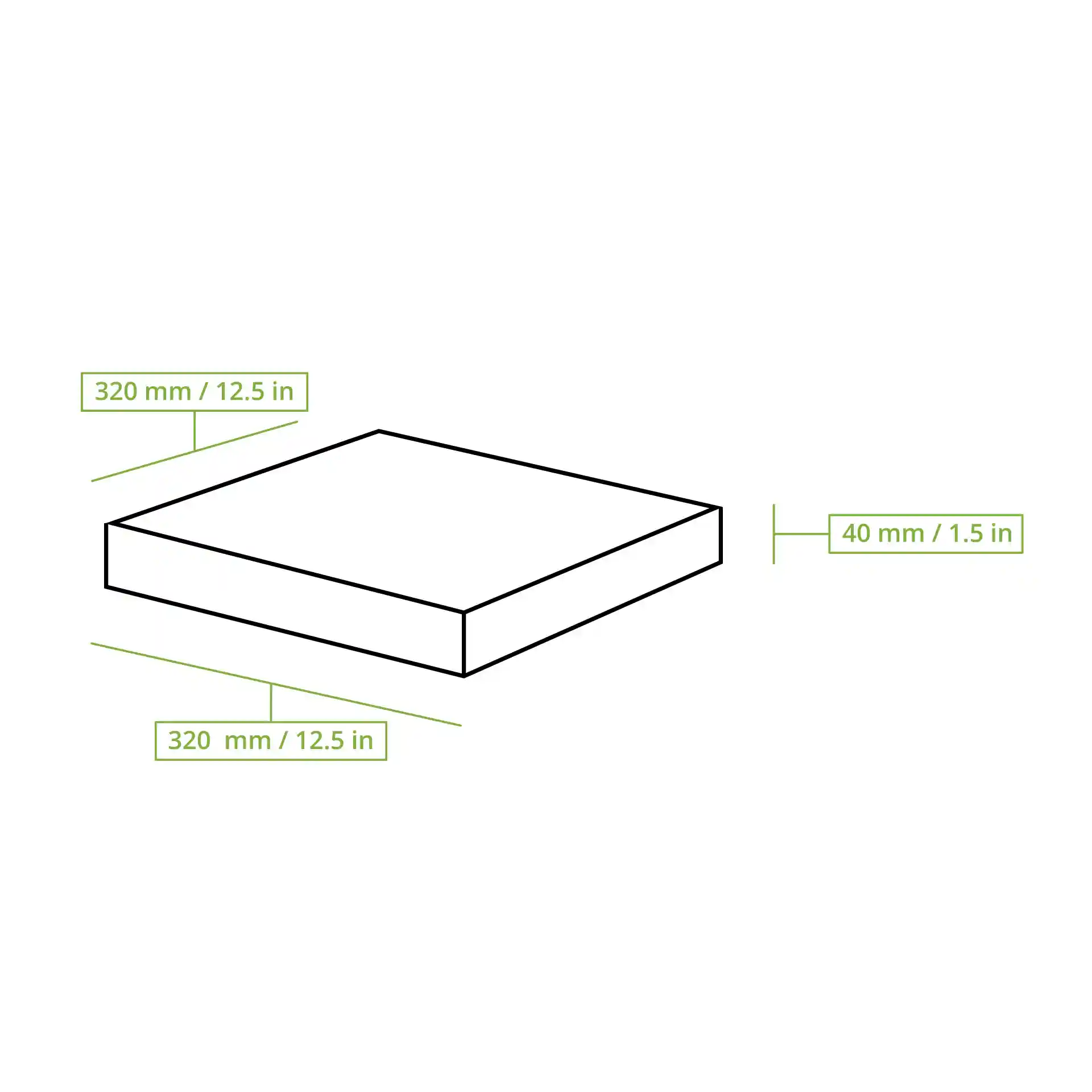 Schematische Zeichnung einer Pizzaschachtel mit den Abmessungen 320 mm x 320 mm und einer Höhe von 40 mm.