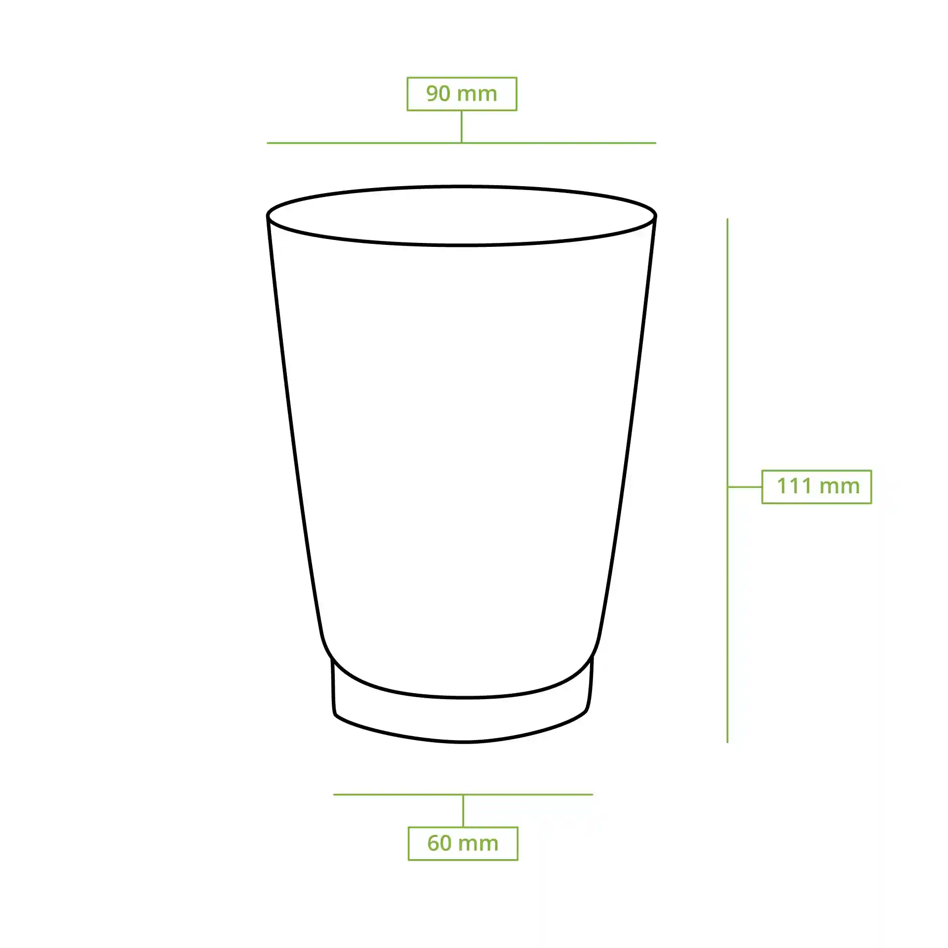 Schematic drawing of a brown ripple coffee cup with dimensions: 90 mm top diameter, 60 mm bottom diameter, 111 mm height.