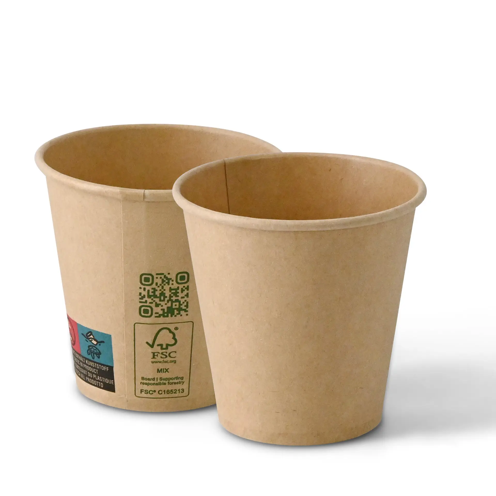 Brown paper cups with a single wall, 150 ml capacity, and a diameter of 80 mm, shown from the side.