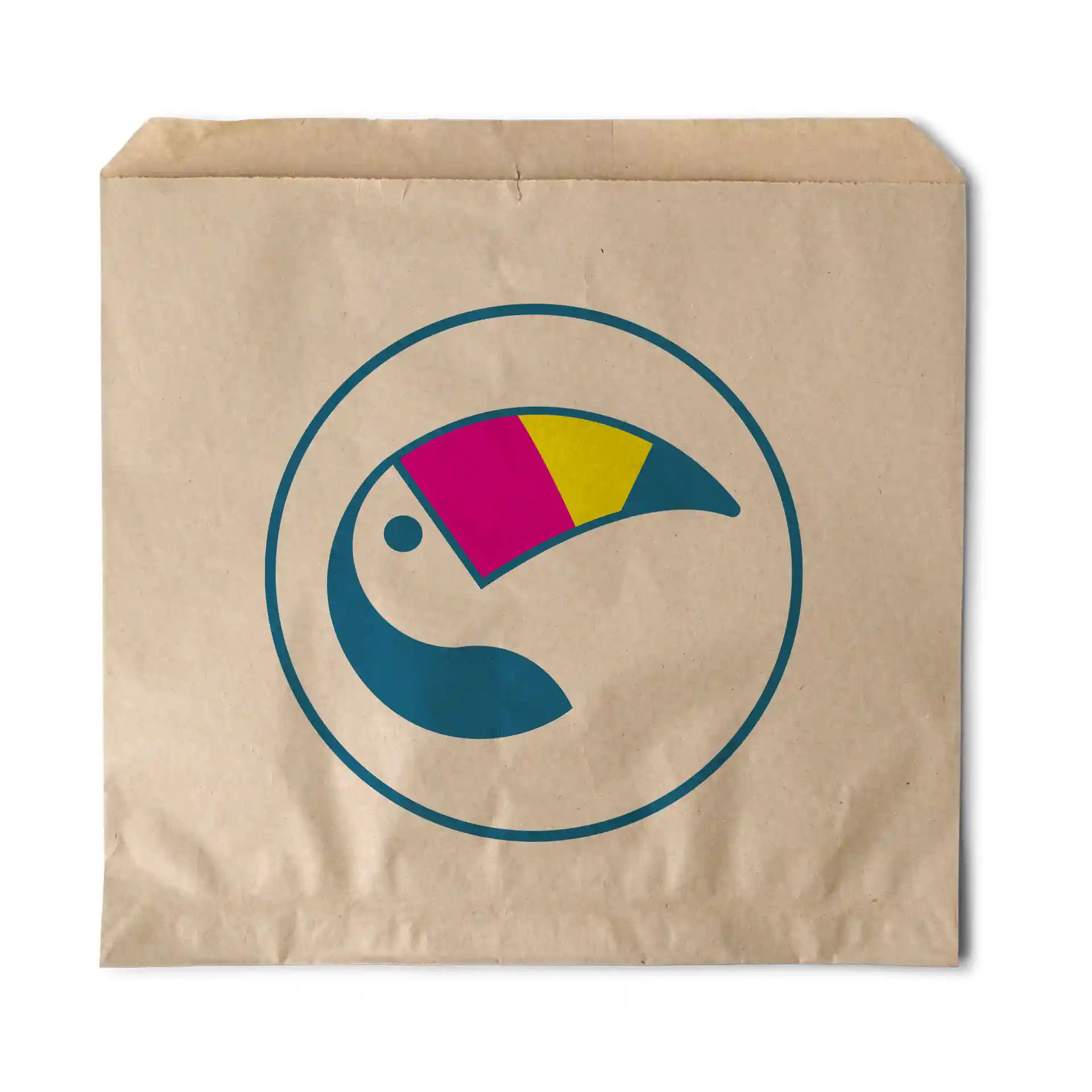 Brown flat bag with a circular design featuring a stylized bird in blue, pink, and yellow colors.