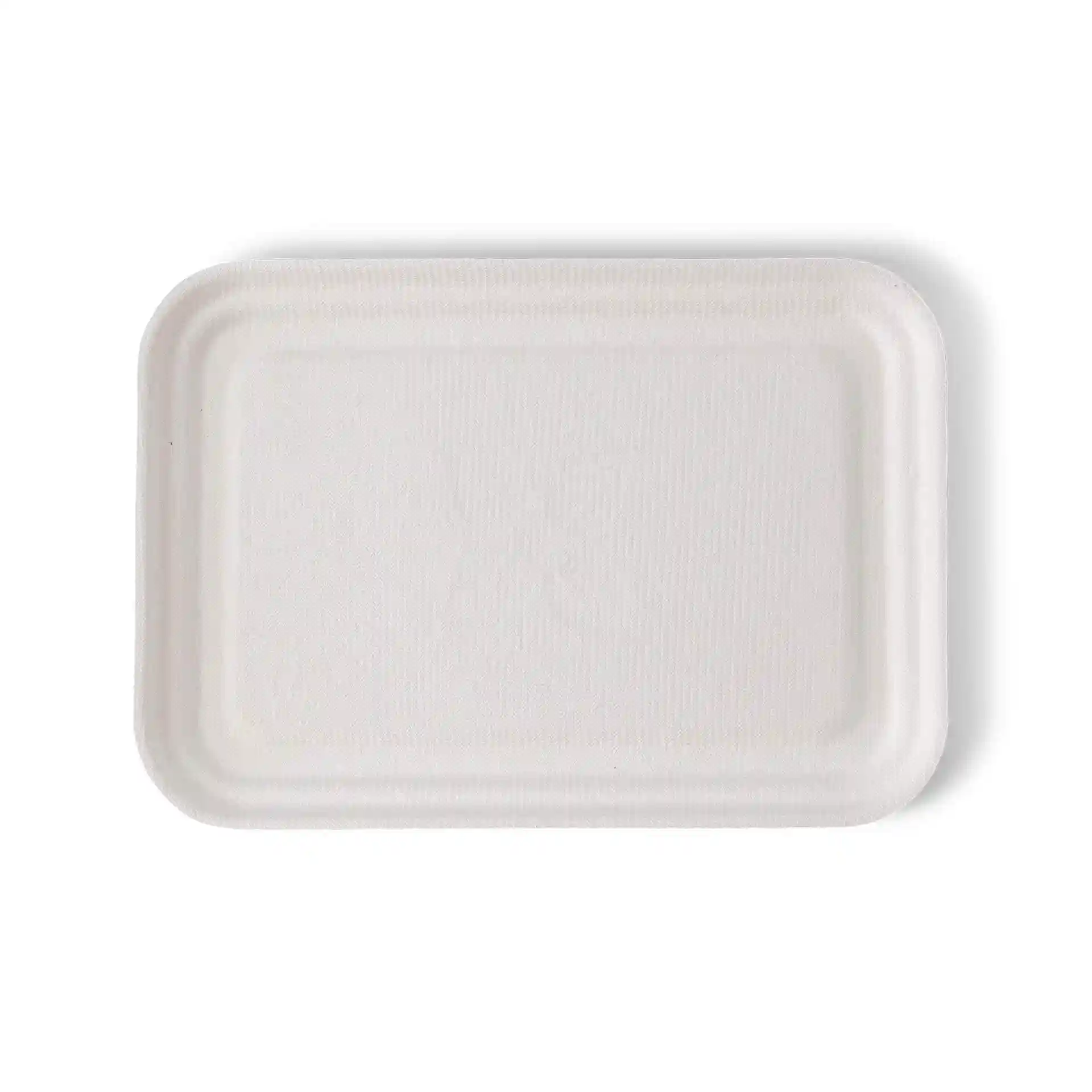 Rectangular white sugarcane lid measuring 17 x 12 cm, with a height of 1.5 cm and no coating.