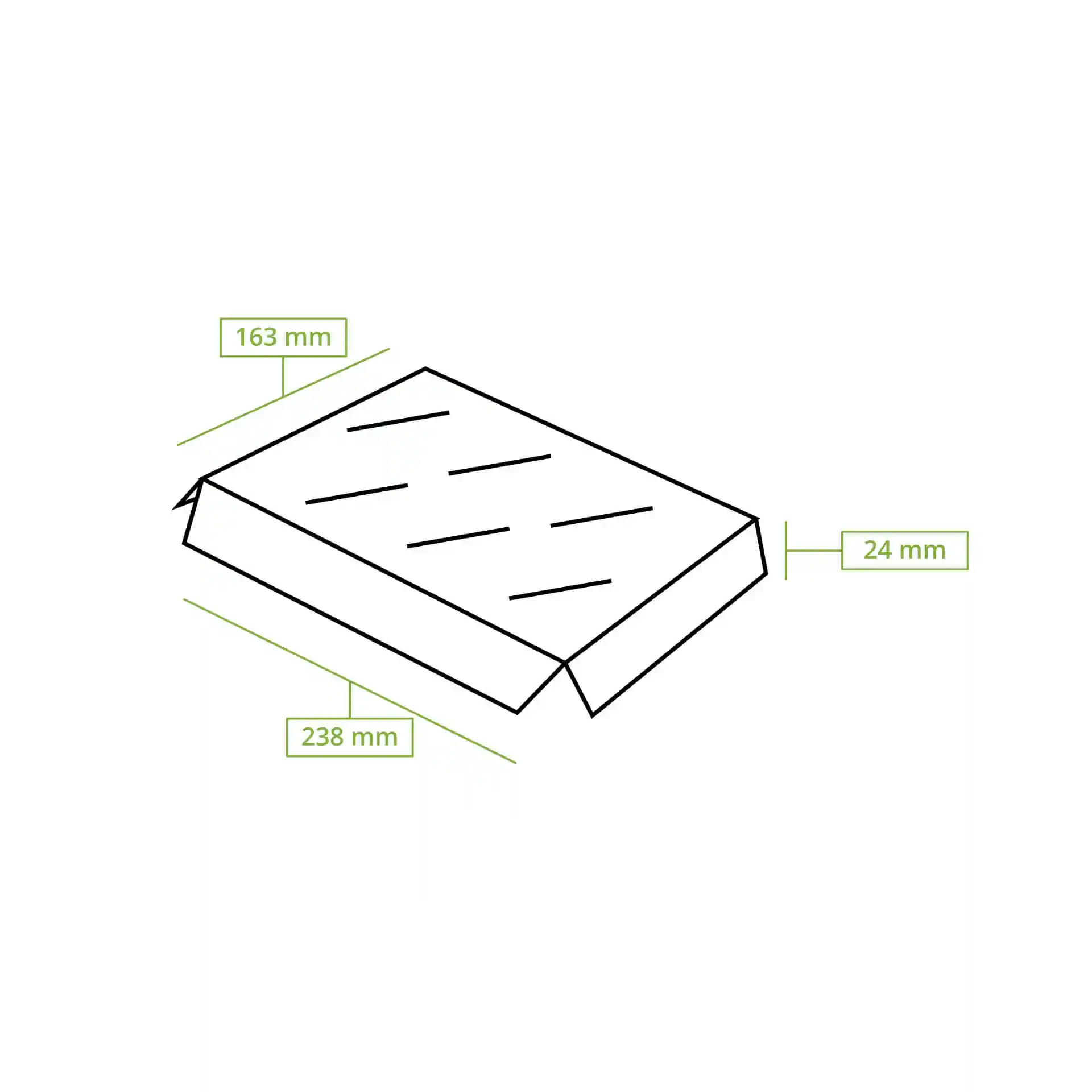 Schematic drawing of a rectangular insert for cupcake boxes with dimensions 238 mm by 163 mm and height 24 mm.