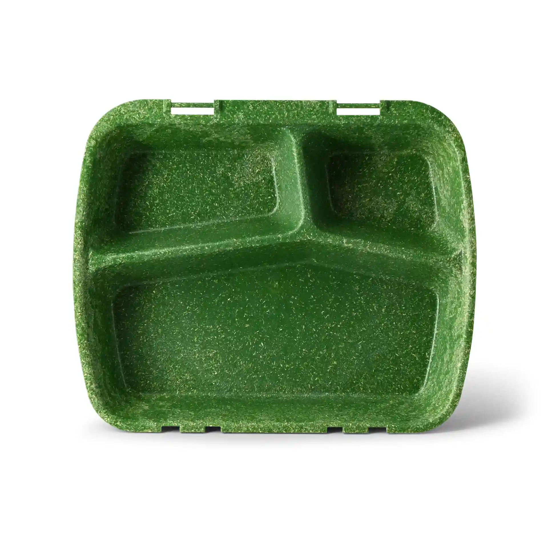 Green reusable meal container with three compartments, measuring 24.5 x 20 x 4.5 cm.