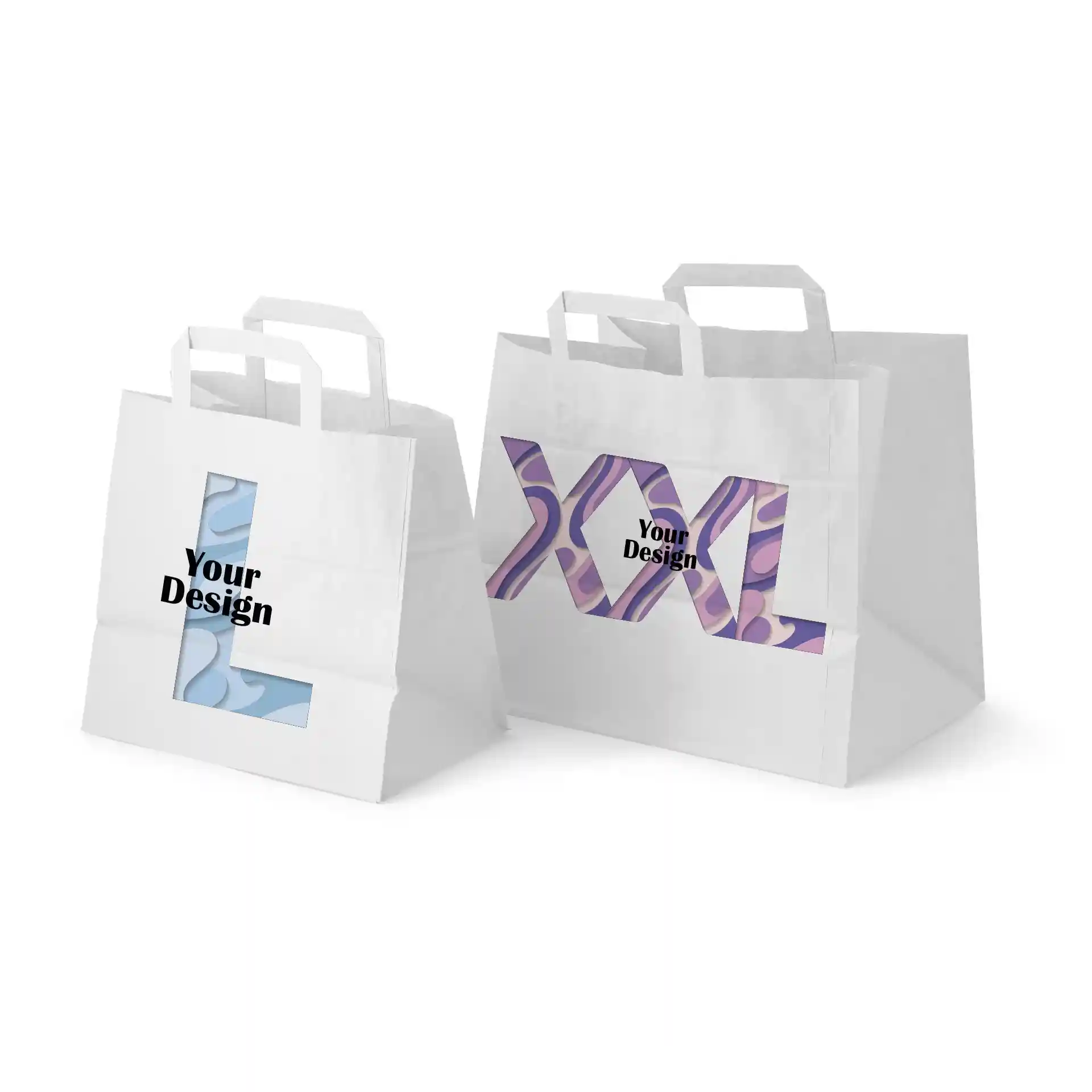 Two white paper carrier bags with handles, one labeled 'L' and the other 'XXL', both featuring the text 'Your Design'.
