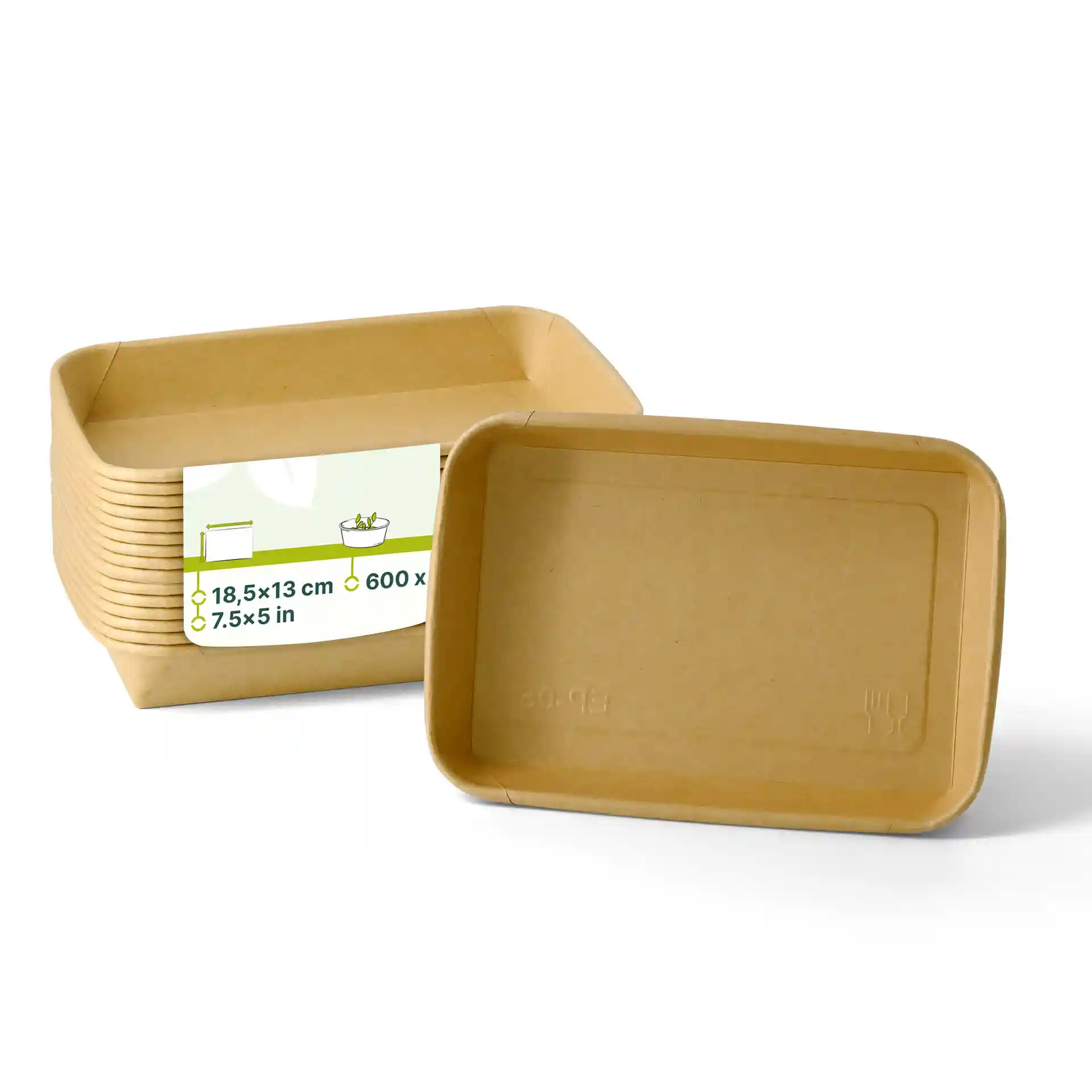Braune Sushi-Boxen mit den Maßen 18,5 x 13 x 2,5 cm, eine Box aufrecht und mehrere gestapelt dahinter.