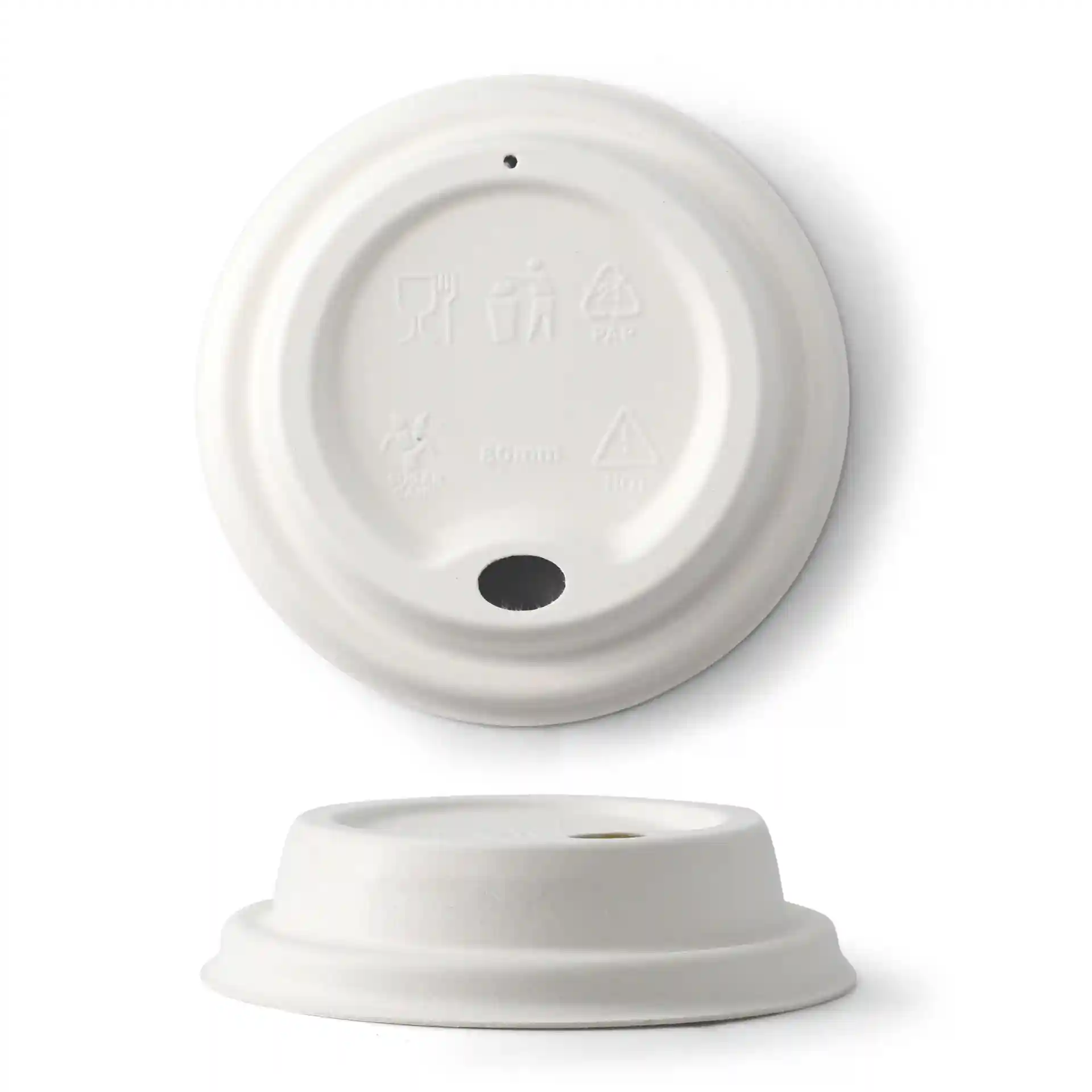 White sugarcane lid for paper cups, 80 mm diameter, with a hole and raised rim.