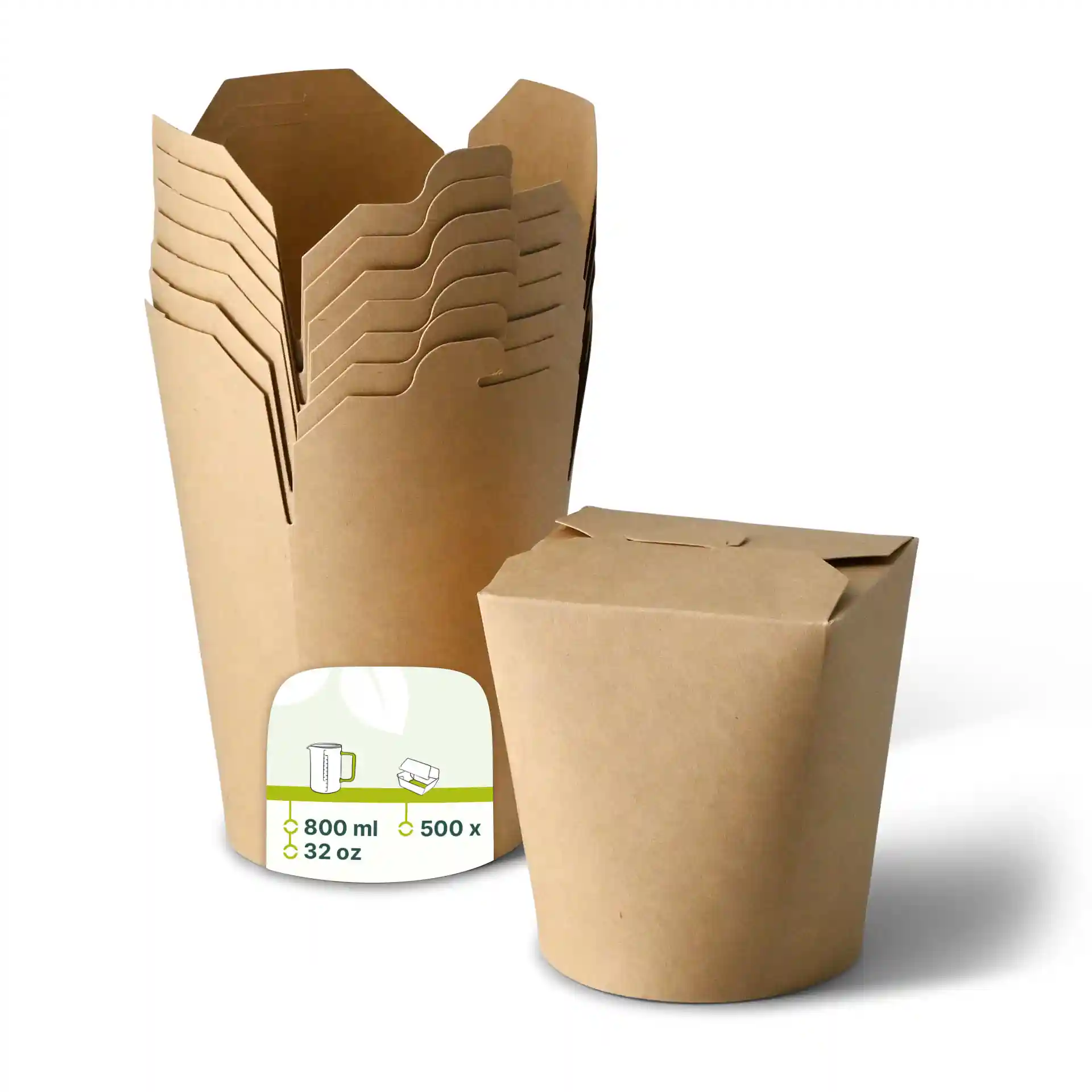 Brown cardboard noodle boxes with an eco-friendly coating, one box in front and several stacked behind.