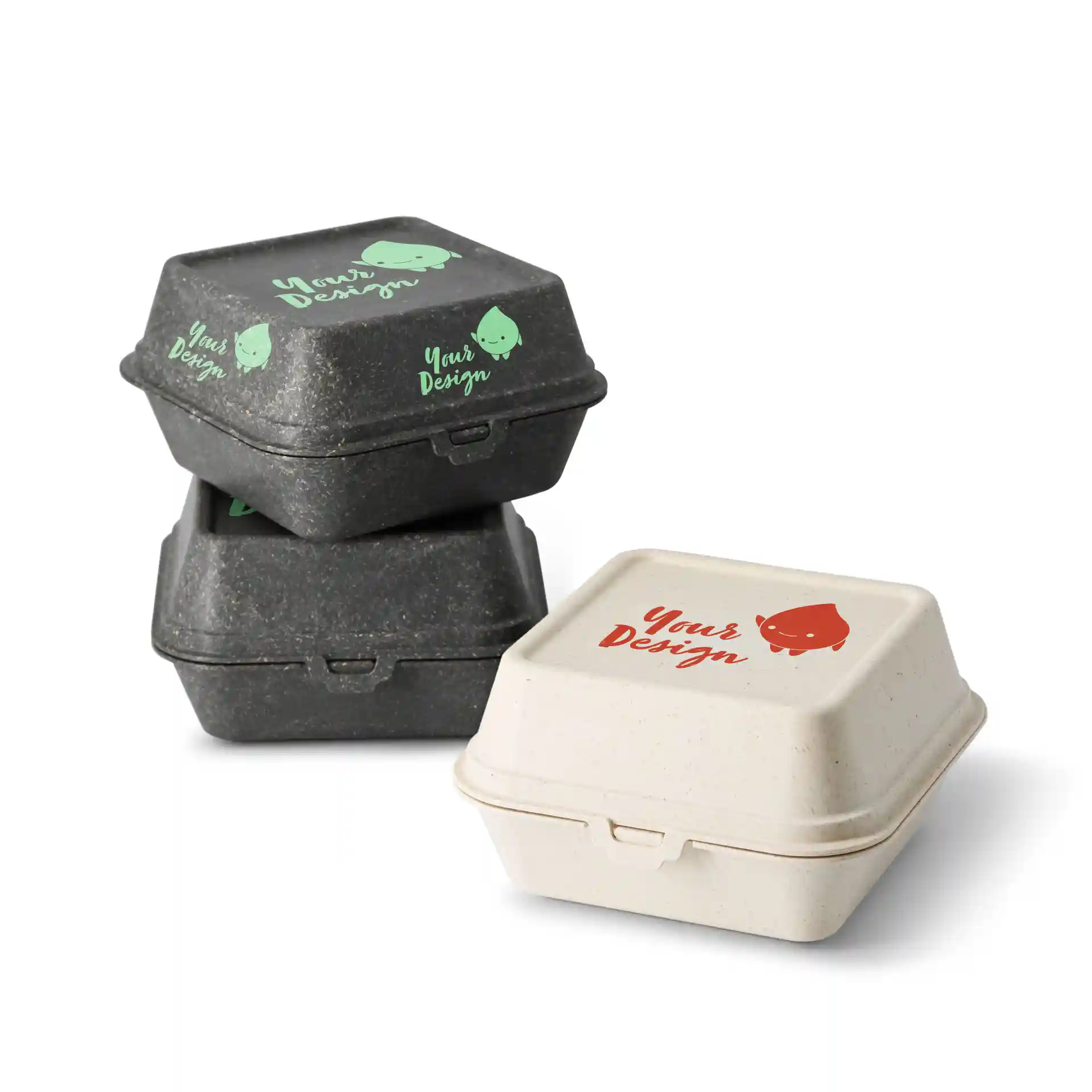 Stapel bedruckter wiederverwendbarer Burgerboxen in cremeweiß und schwarz mit Designs auf den Deckeln.