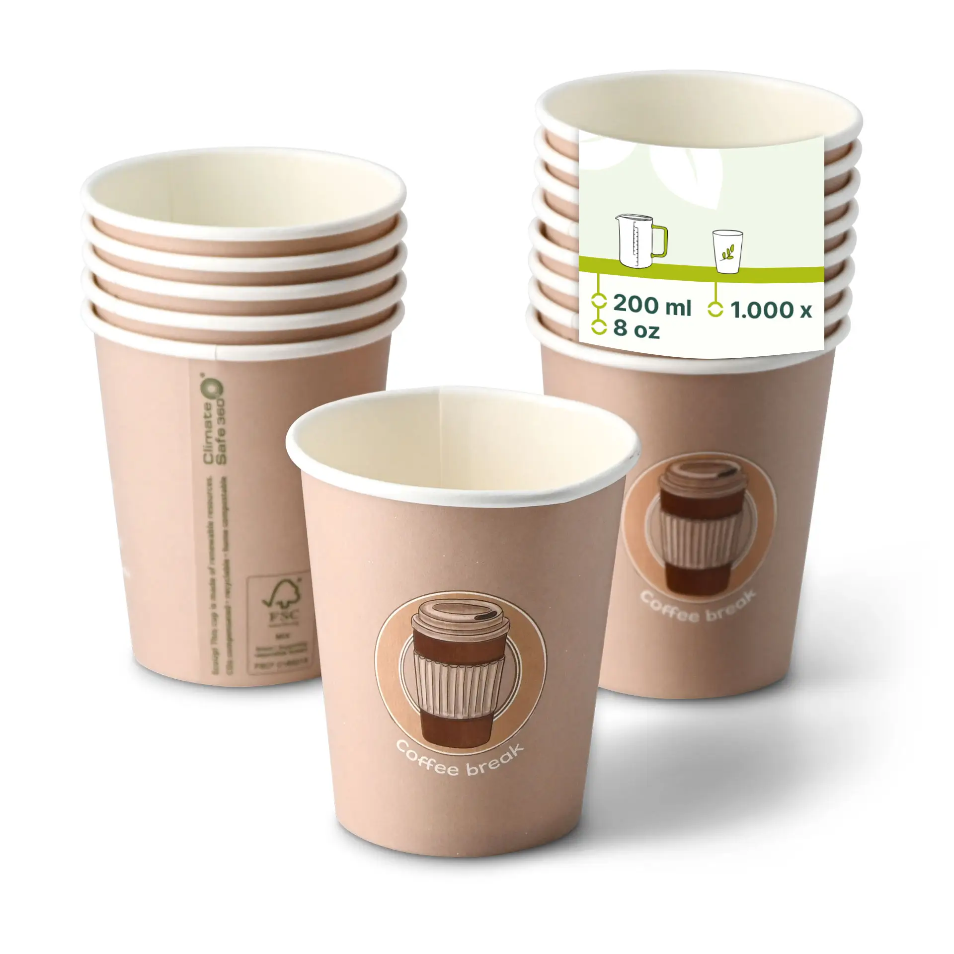 8 oz Paper cup printed with "Coffeebreak", Ø 80 mm, white dhd04562-pappbecher-bedruckt-coffeebreak-200-ml-8-oz-80-mm-weiss
