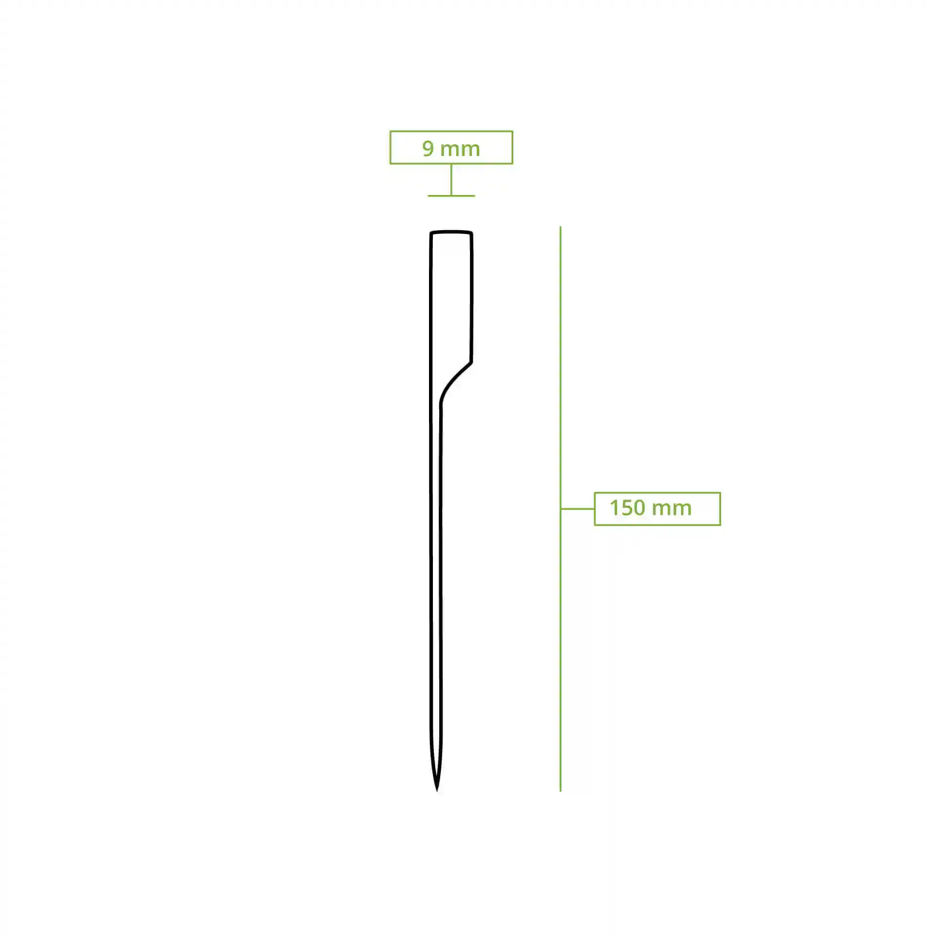 Schematic drawing of a bamboo paddle skewer, 150 mm long and 9 mm wide, with a pointed end.