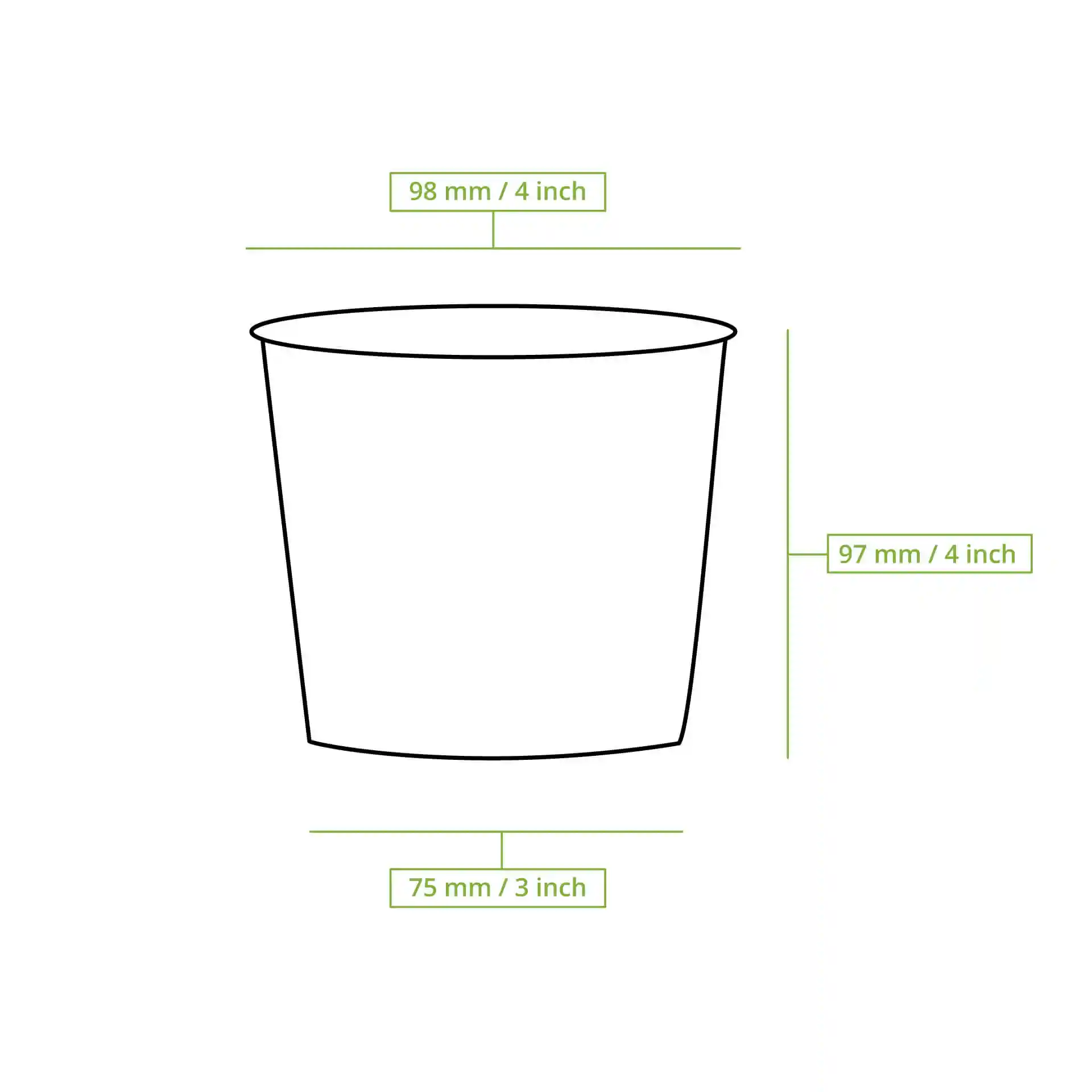Schematic drawing of a round soup cup with dimensions: top diameter 97 mm, bottom diameter 75 mm, height 98 mm.