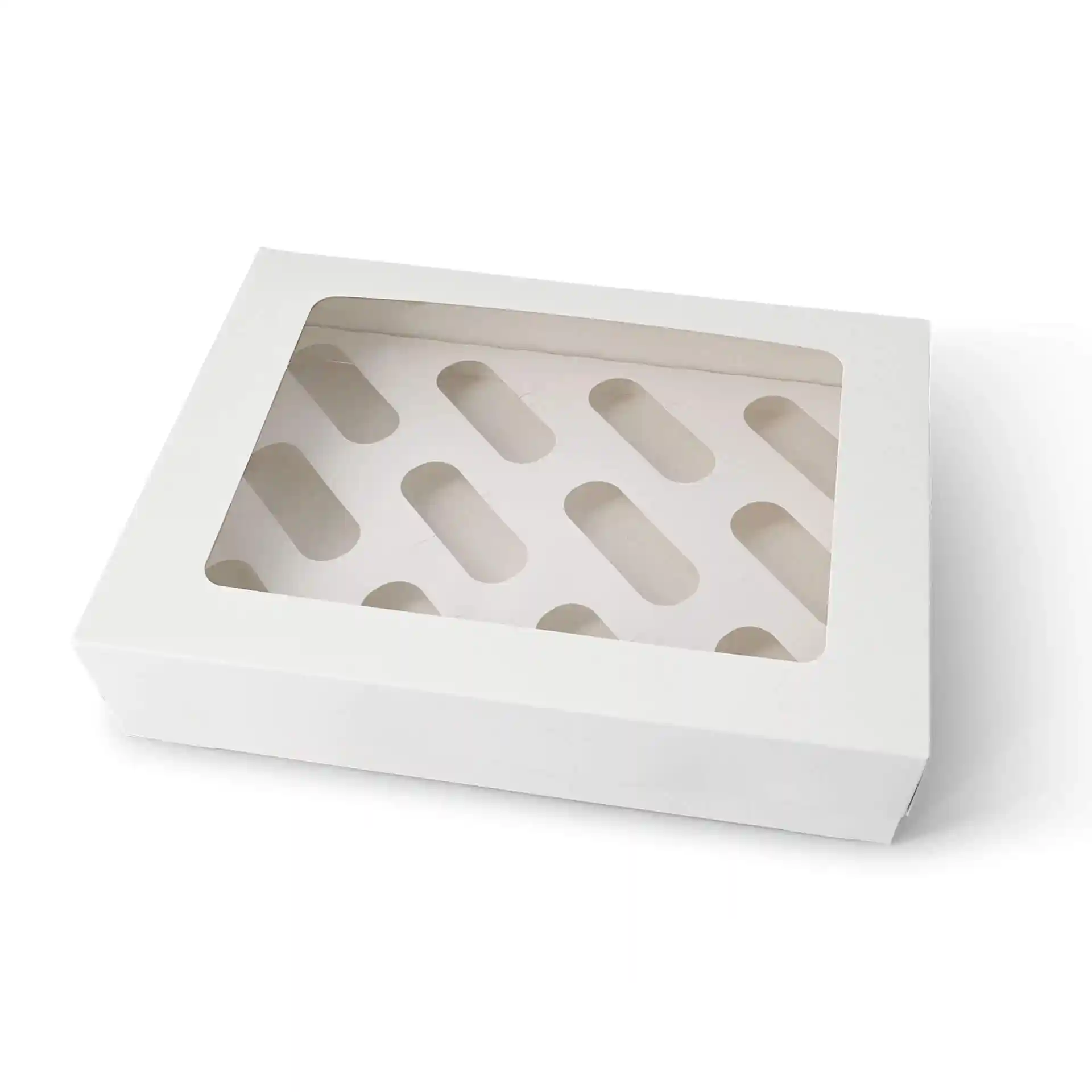 White rectangular cupcake box with a clear cellulose window and cut-out shapes inside.