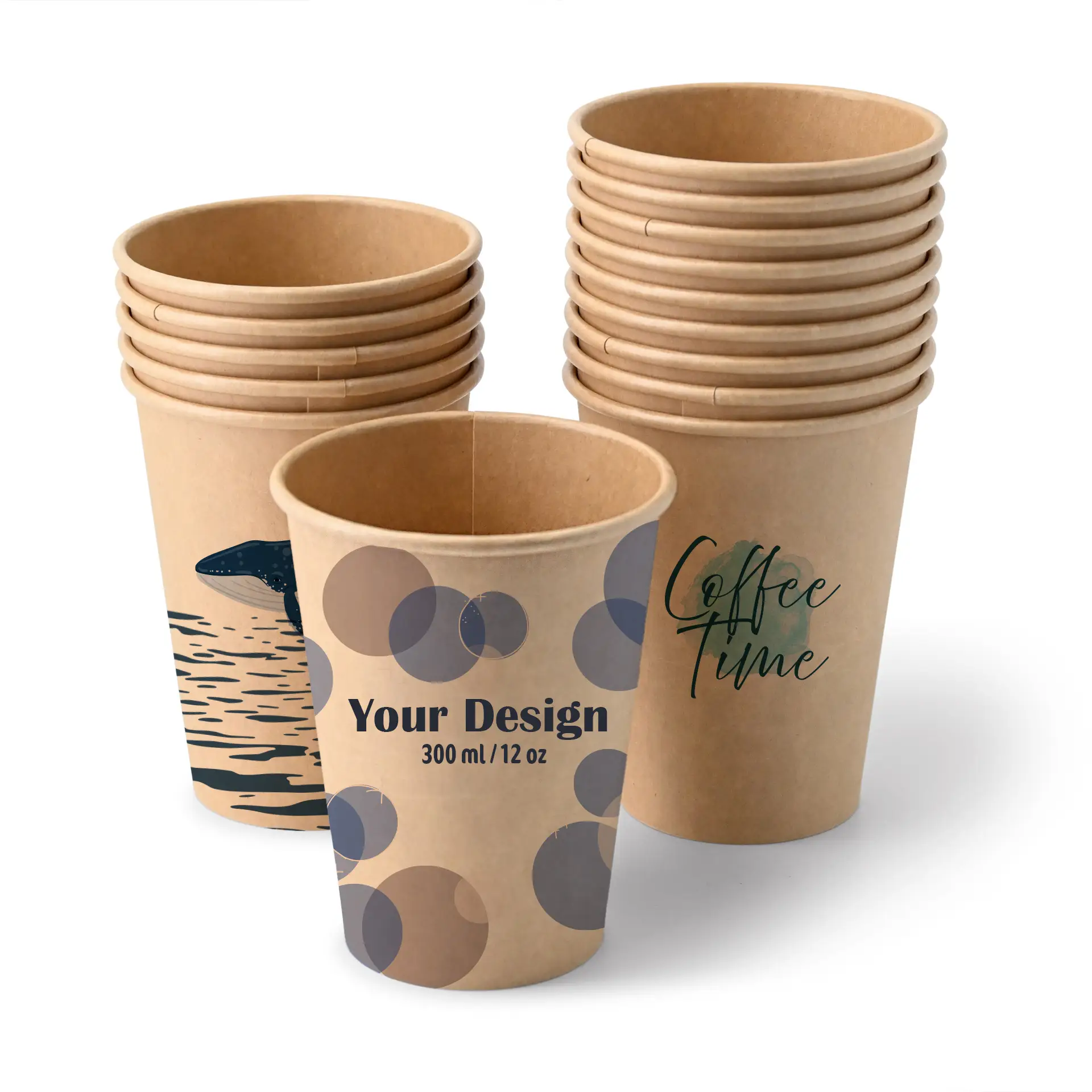 Paper cups with logo (single-wall), 300 ml / 12 oz, brown, PLA coated Paper cups with logo (single-wall), 300 ml / 12 oz, brown, PLA coated