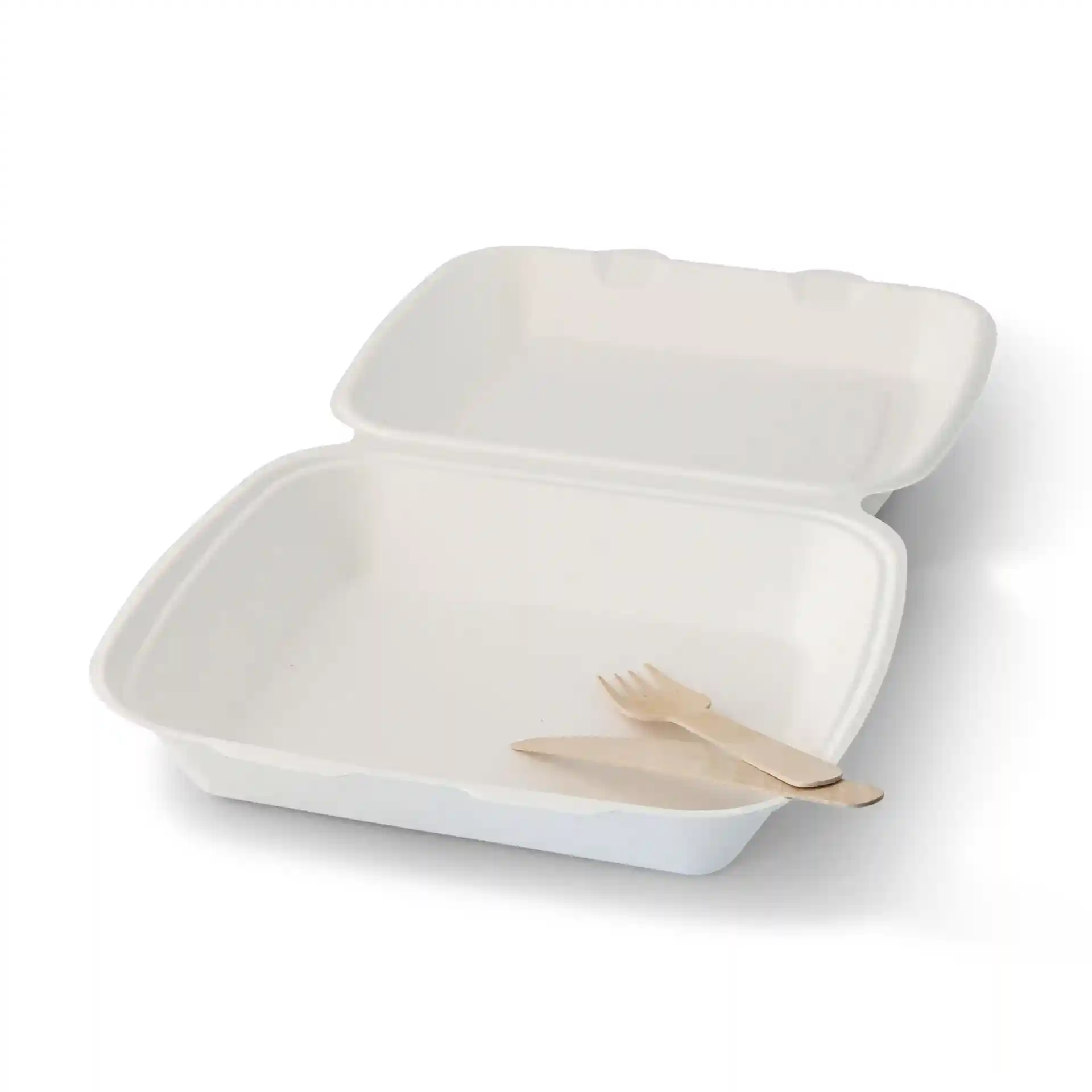 White rectangular sugarcane container with a hinged lid, containing a knife and fork inside.