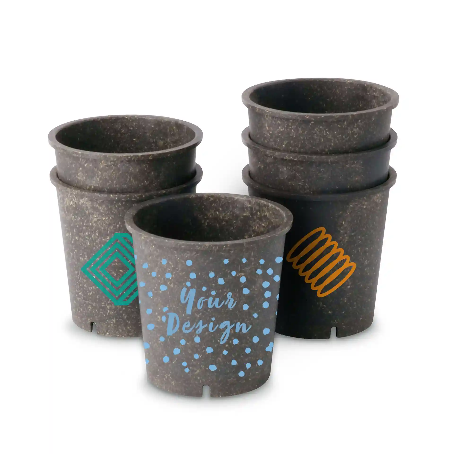Round grey reusable soup cups with custom designs, stacked with visible patterns and markings.