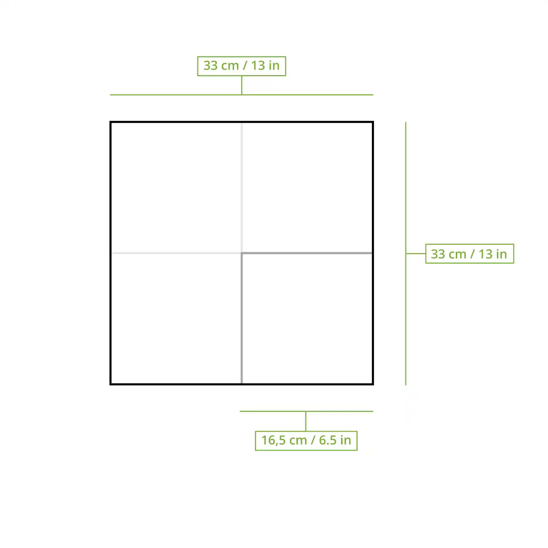 Schematic drawing of a square paper napkin with dimensions 33 cm by 33 cm and a 16.5 cm fold line.