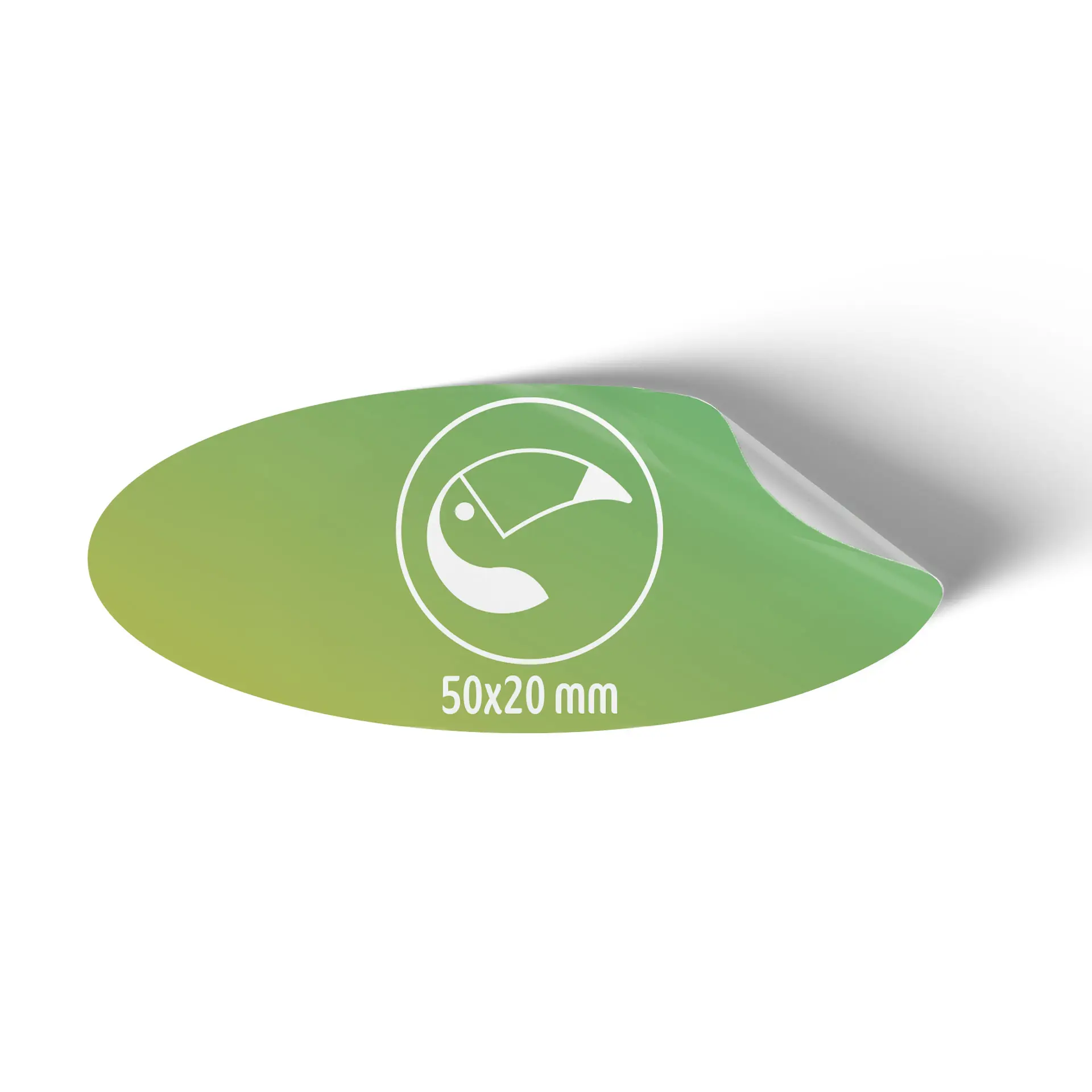 Oval printed label on glossy white adhesive paper, measuring 50x20 mm, with an icon and a gradient background.