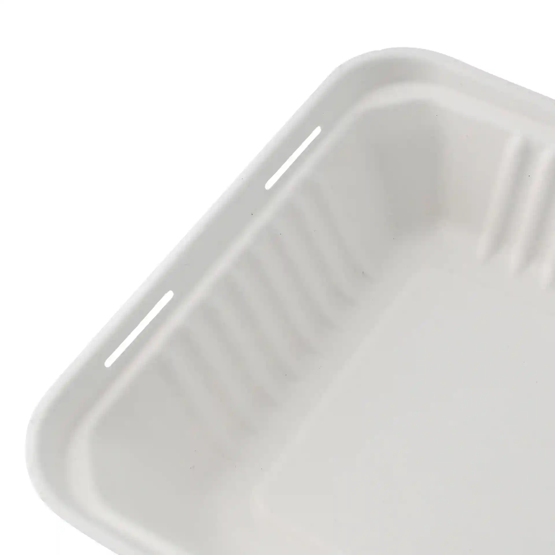 White rectangular sugarcane container with a hinged lid, measuring 22 x 18.5 x 7 cm.