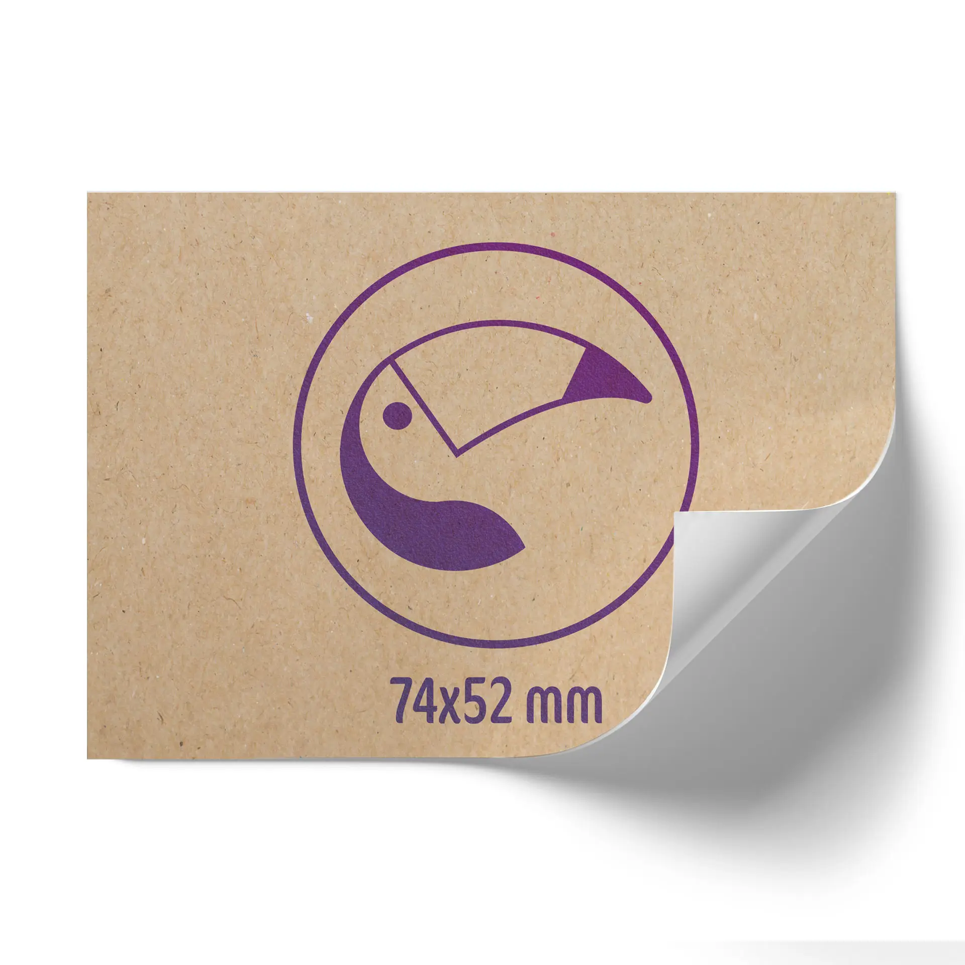 A textured brown card featuring a purple circular design with a bird logo and dimensions of 74x52 mm.