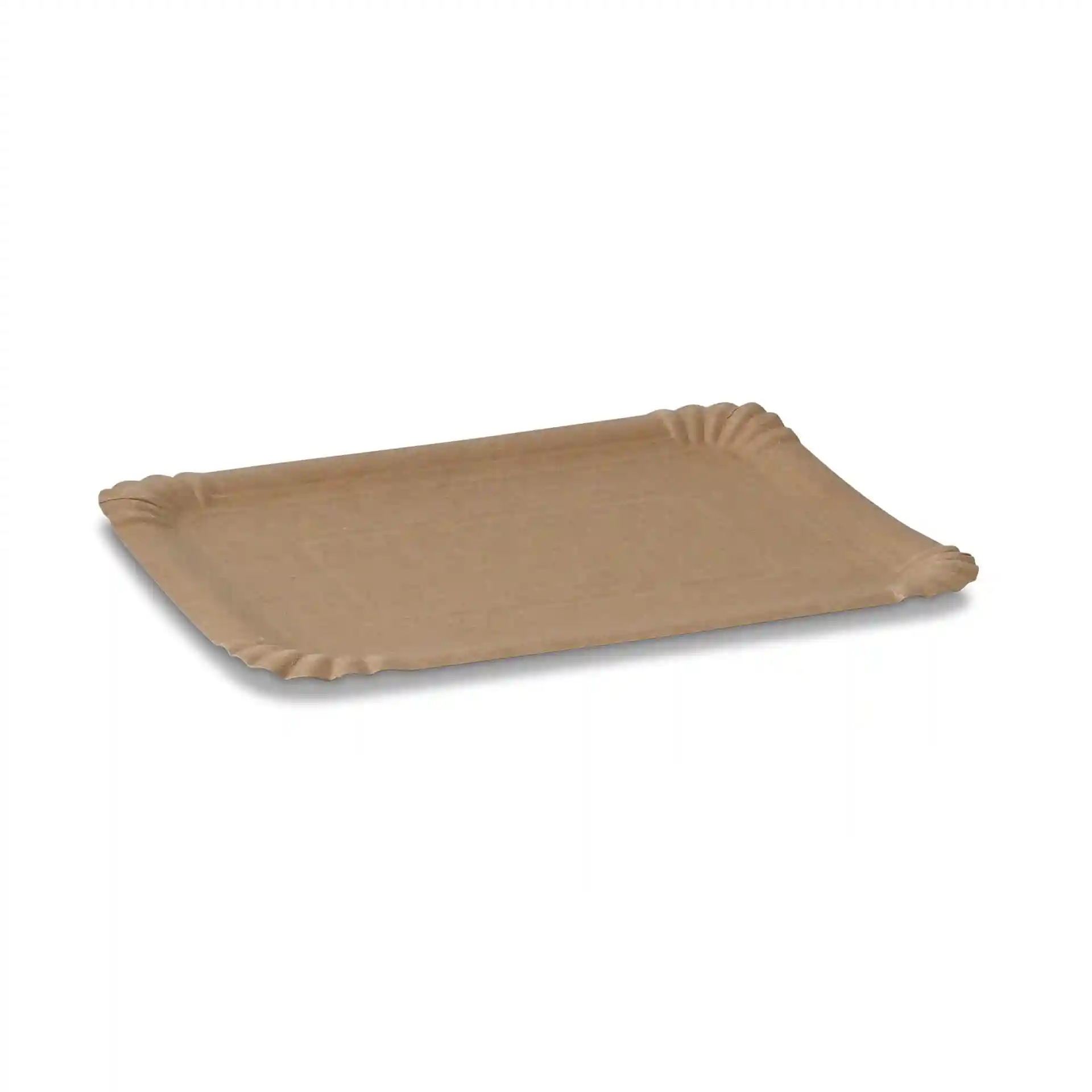 Rectangular brown cardboard tray measuring 17 x 23 cm with a shallow design and decorative edges.