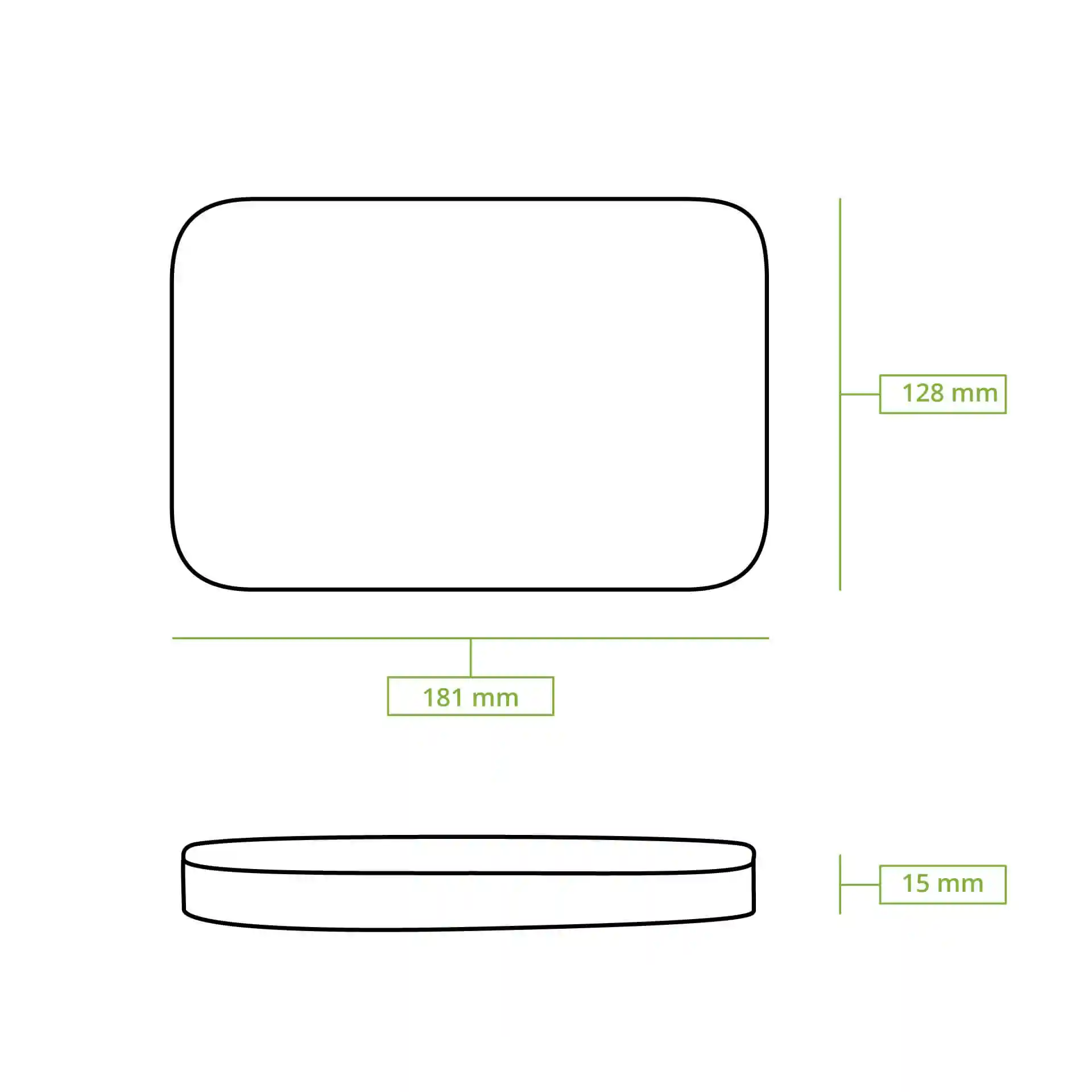 Schematic drawing of a rectangular container with dimensions 181 mm by 128 mm and height of 15 mm.
