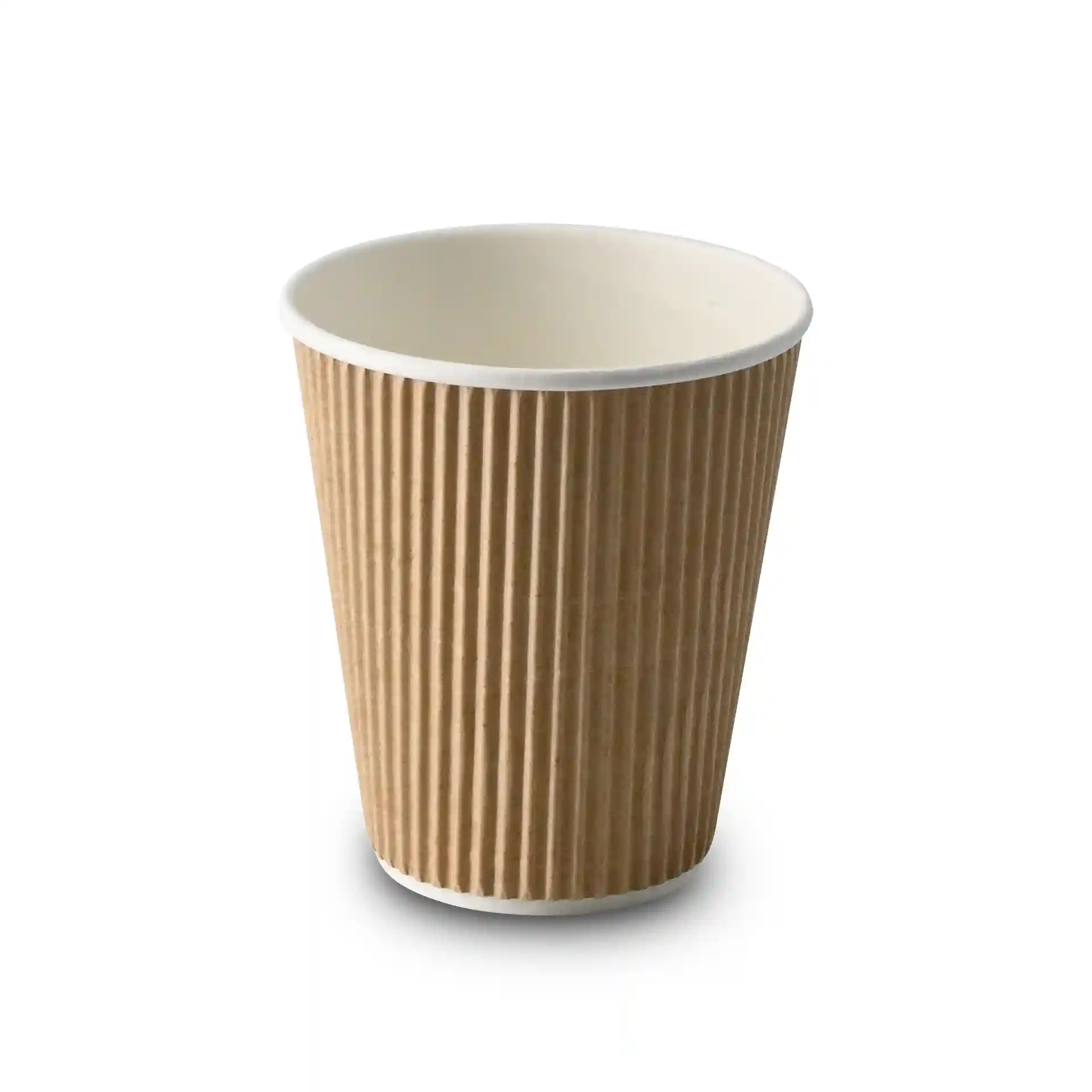 Brauner gerippter Becher mit weißem Innenraum, 10 oz Fassungsvermögen, 100 mm Höhe und 90 mm Durchmesser.