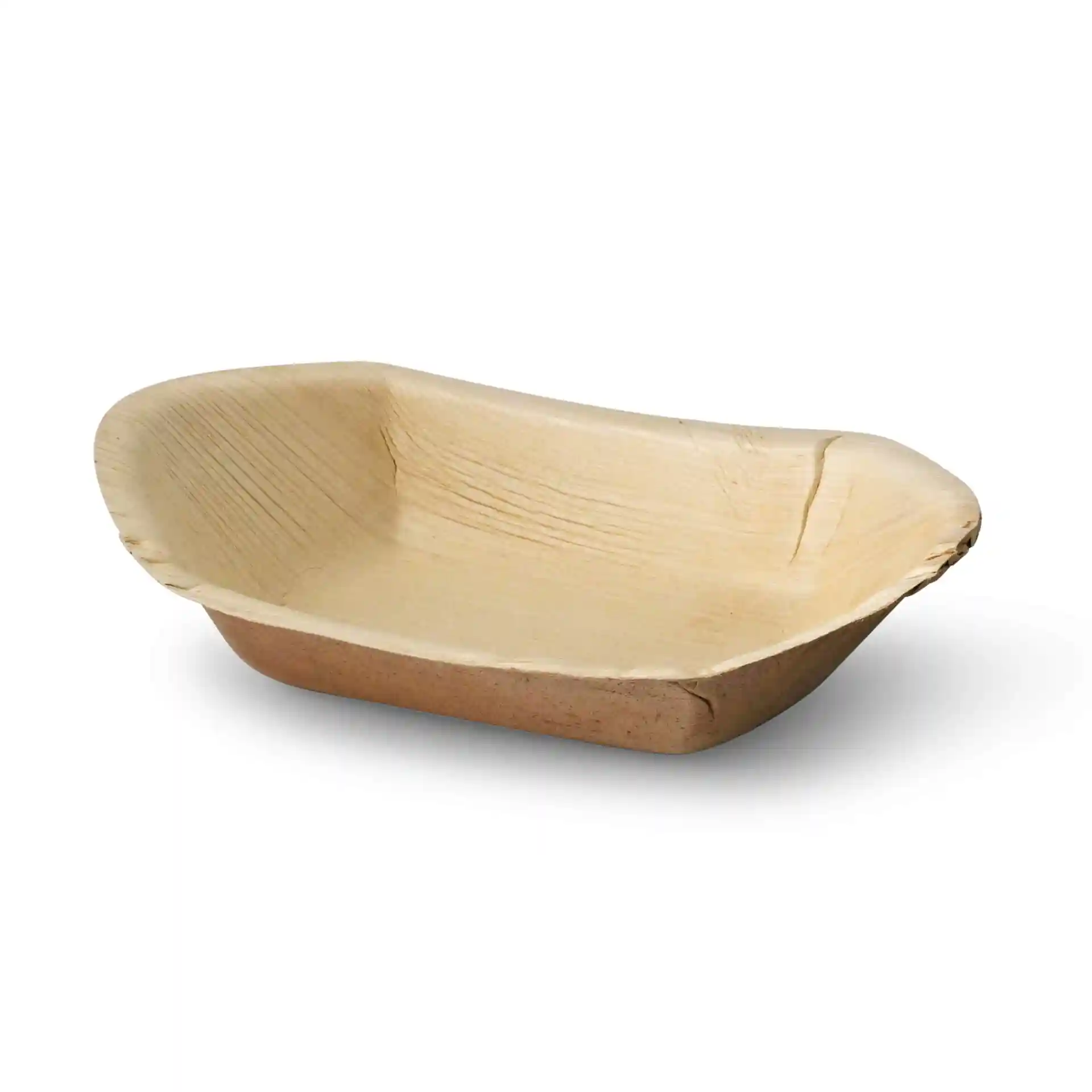 Tiefe Palmblattboot in natürlicher Holzfarbe, 20 cm lang und 11,8 cm breit.