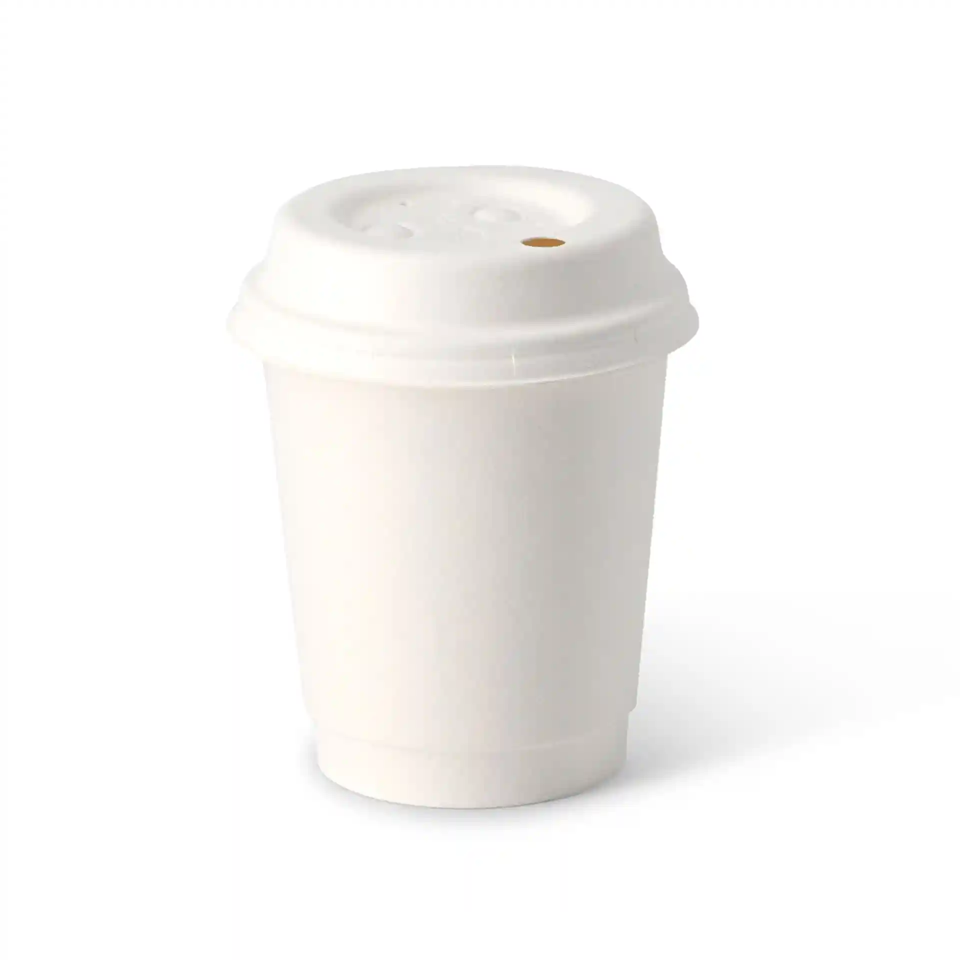 Weißer doppelwandiger Pappbecher mit Deckel, 8 oz Fassungsvermögen, runde Form und kleinem Loch oben.