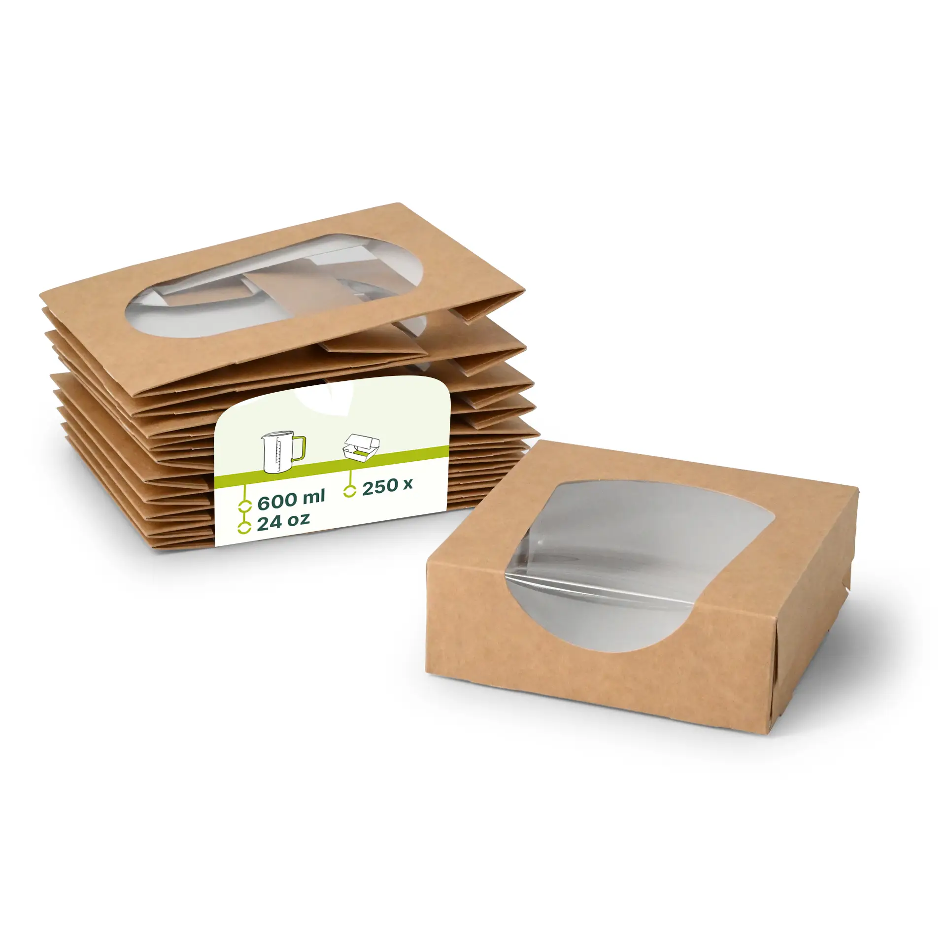 Braune Kartonfensterboxen mit Zellulosefenster, 12 x 12 x 4 cm, gestapelt mit einer Box vorne.