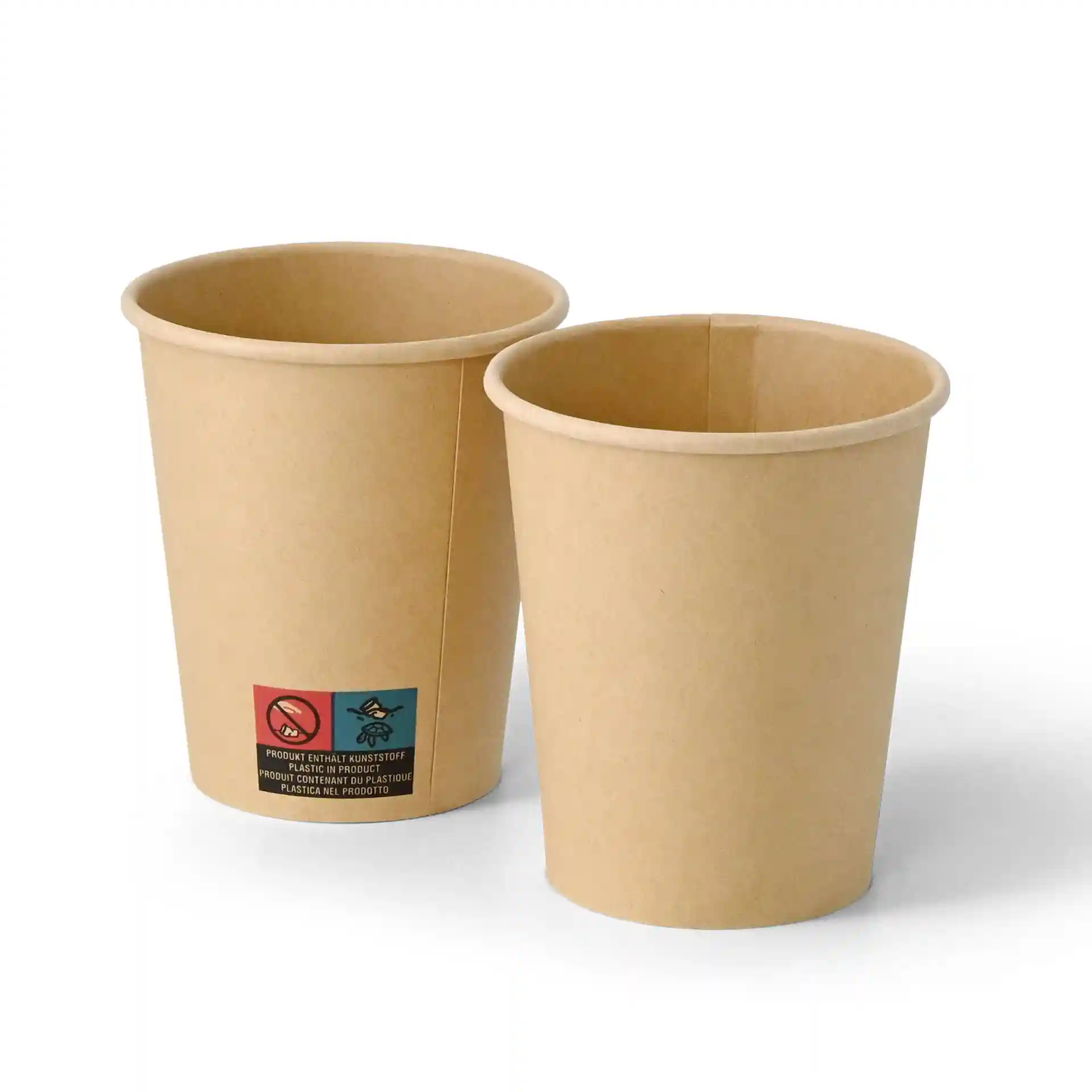 Braune Einweg-Papierbecher, 200 ml Fassungsvermögen, Durchmesser 80 mm, mit Etikett und Symbolen.