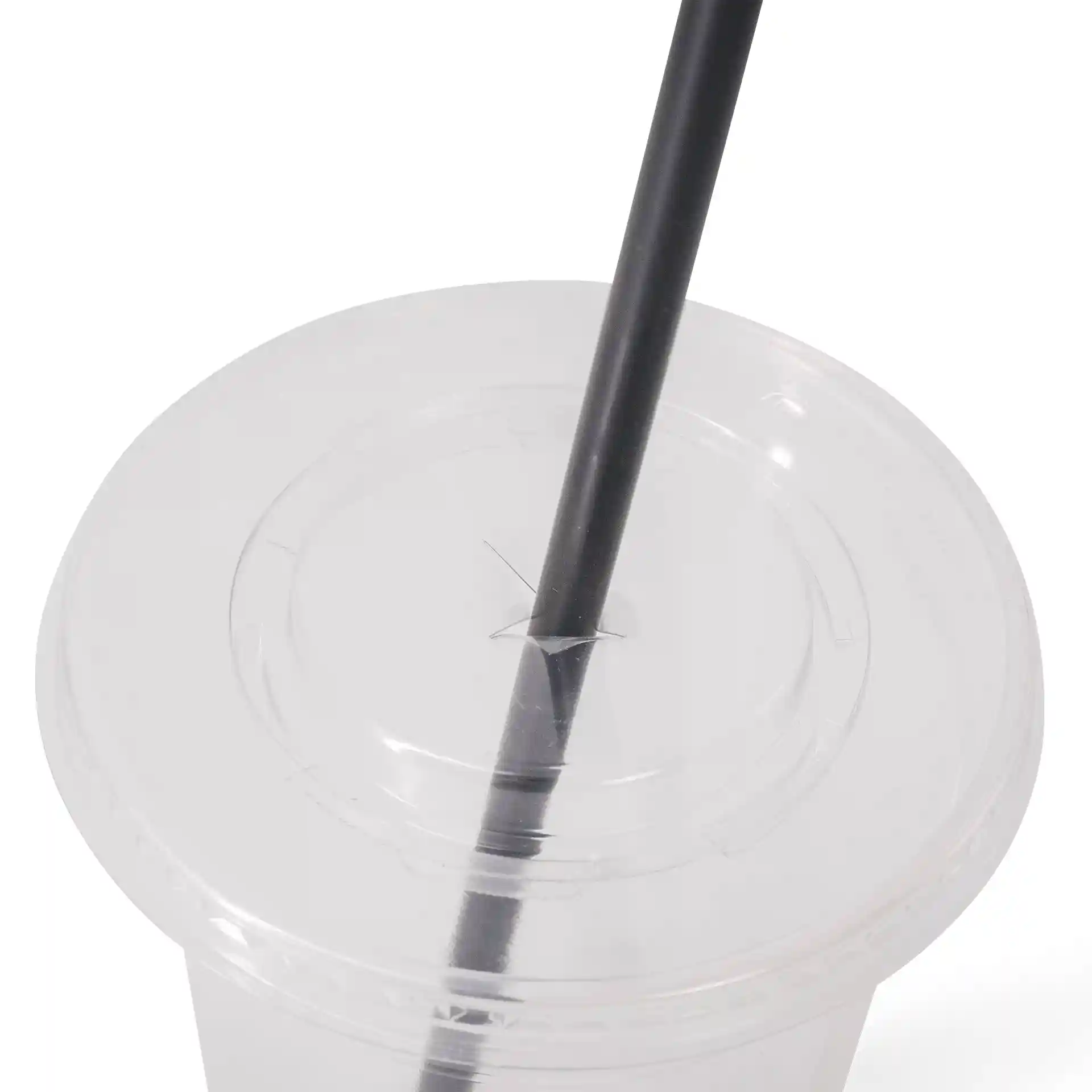 Black reusable straw inserted into a clear plastic cup lid with a circular opening.