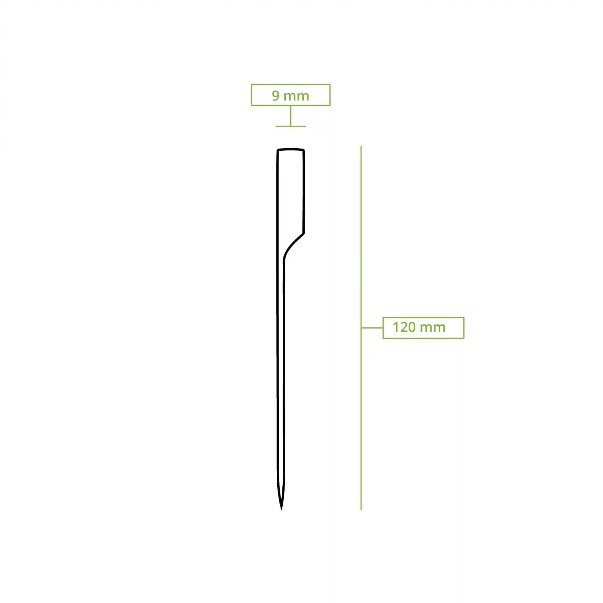 Schematische Zeichnung eines Bambusspießes, 120 mm lang und 9 mm breit.