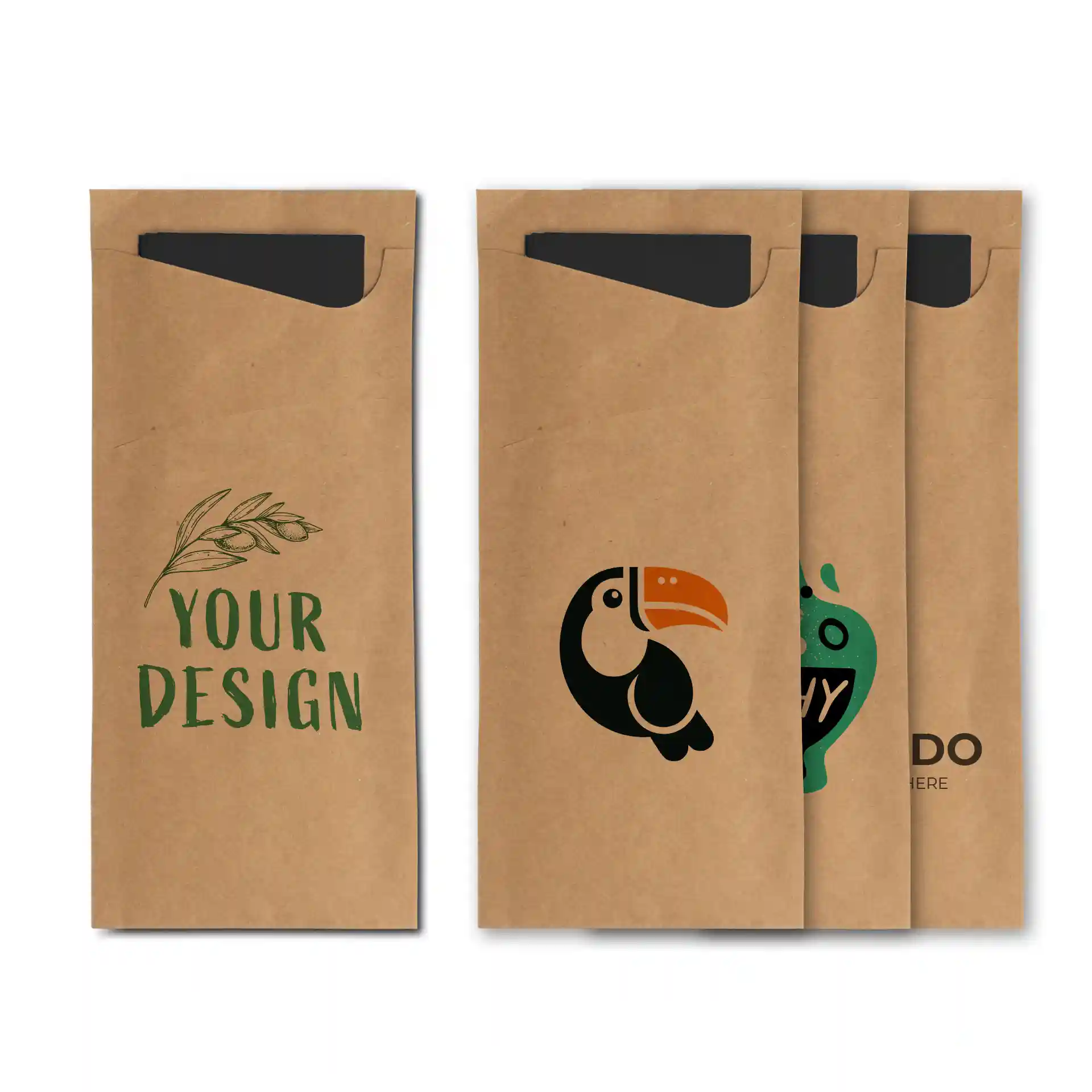 Brown printed cutlery pouches with various designs, including a toucan and text, containing black napkins.