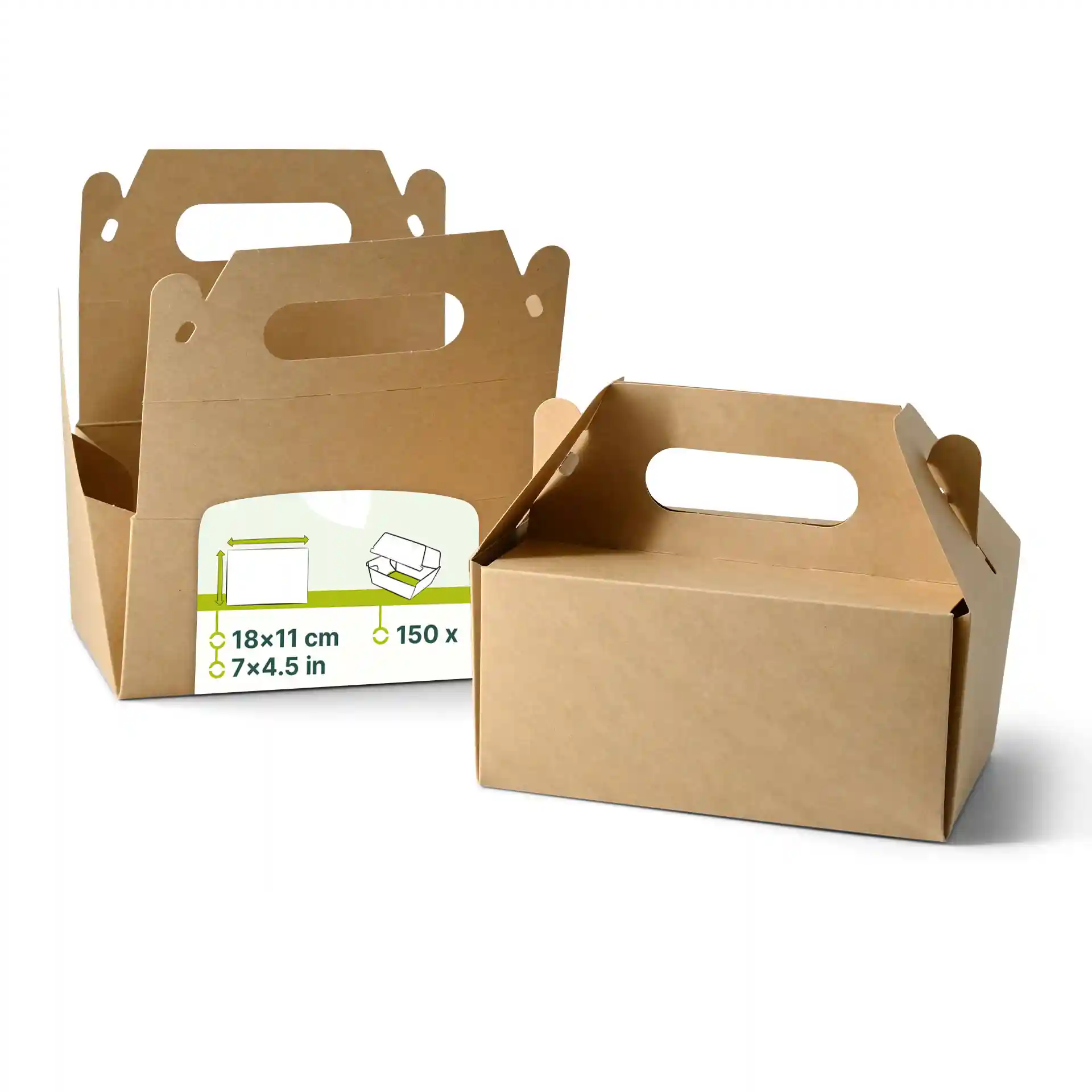 Brown cardboard pastry boxes with handles, rectangular shape, dimensions 18 x 11 x 9 cm, two boxes shown.
