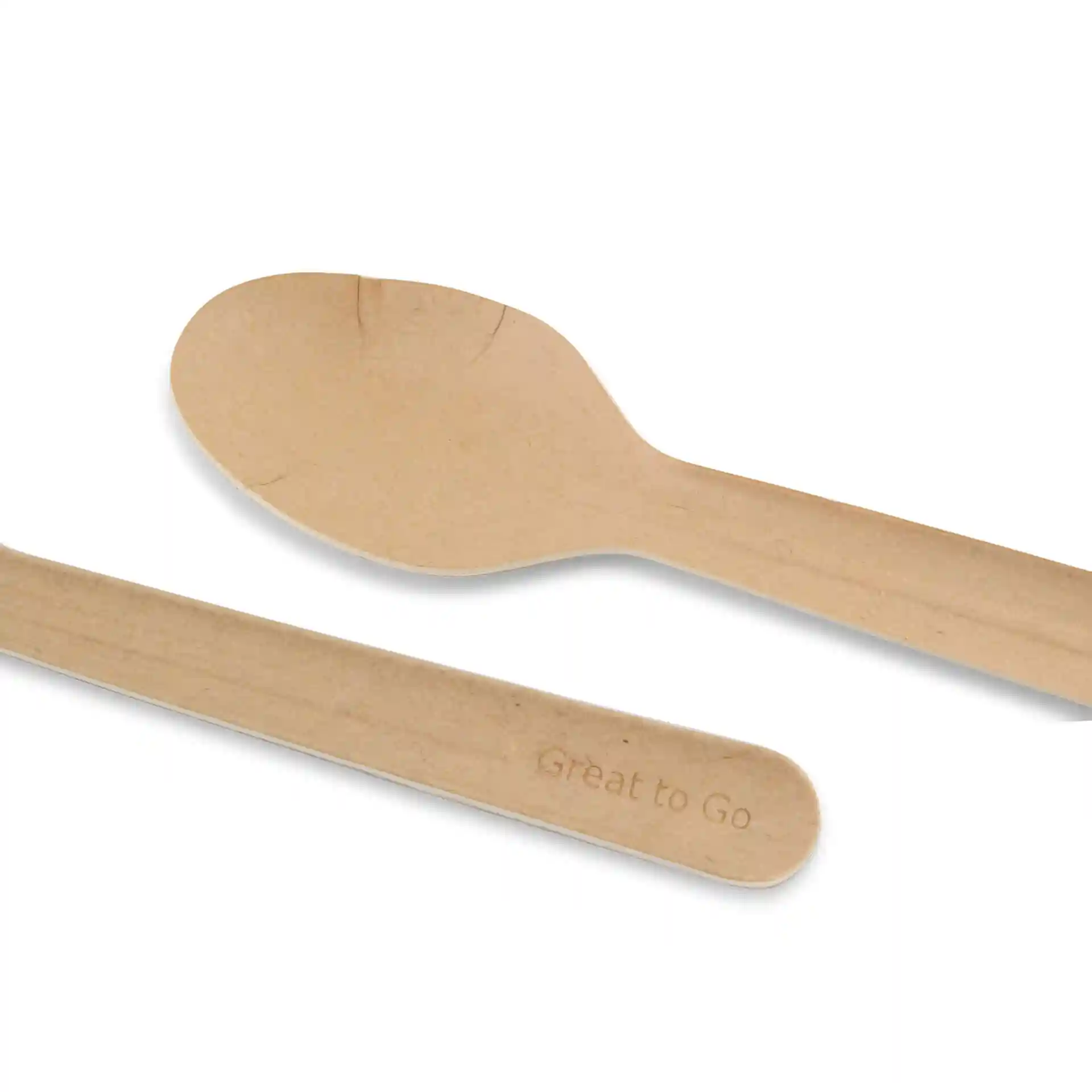 Brown paper spoon measuring 16.5 cm, with a smooth surface and a faint imprint on the handle.